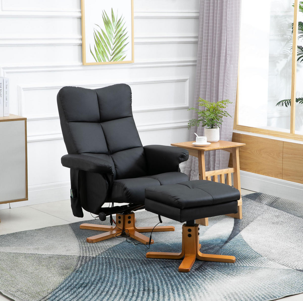RELAXSESSEL mit Massagefunktion, Fußhocker 80/86/99 cm Schwarz - Schwarz, Holz (86/99/80cm) - Redom