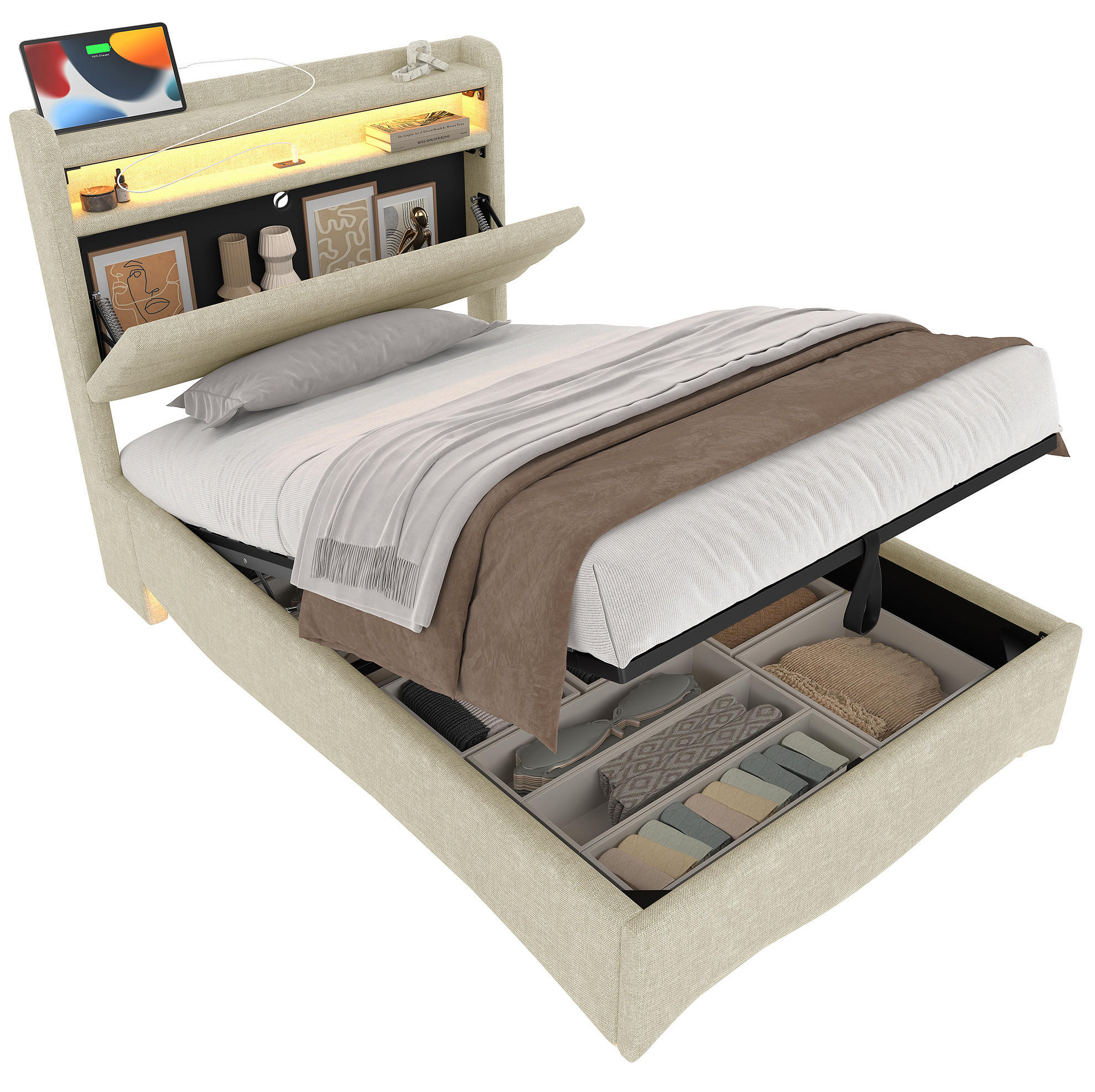 POLSTERBETT mit Stauraum und LED 90x200 cm Leinen Beige - Beige, Metall (90/200cm) - Meubliv