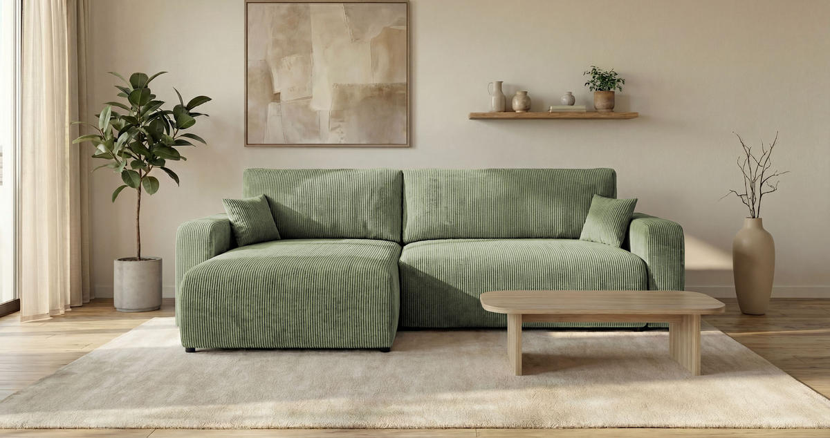 ROHOVÁ pohovka BERLIN levá světle zelená manšestr Poso 47 - funkce spaní, úložný prostor - světle zelená, textil (285/185cm) - Cornero