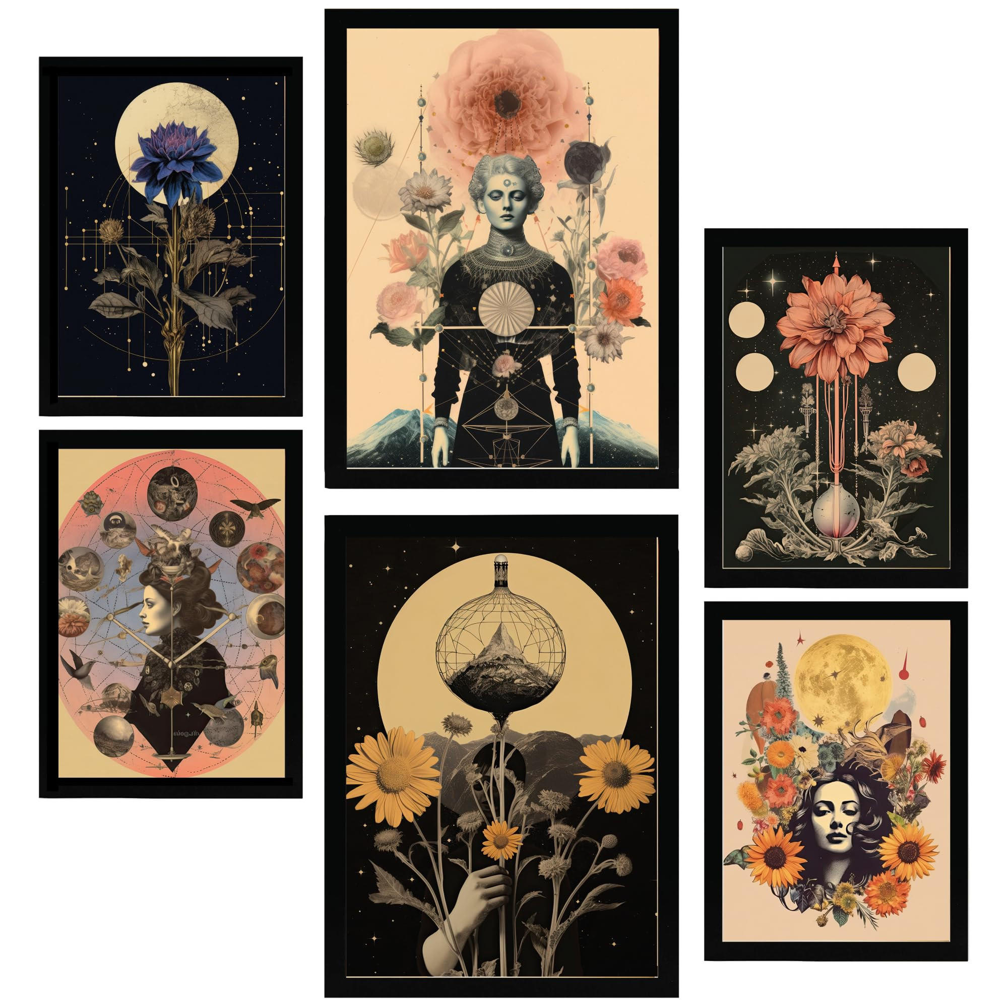 POSTER Set Mit 6 Mystischen Esoterischen In Pastelltönen A3 & A4 Schwarzer Rahmen - Schwarz, Papier (29/3cm) - Nacnic