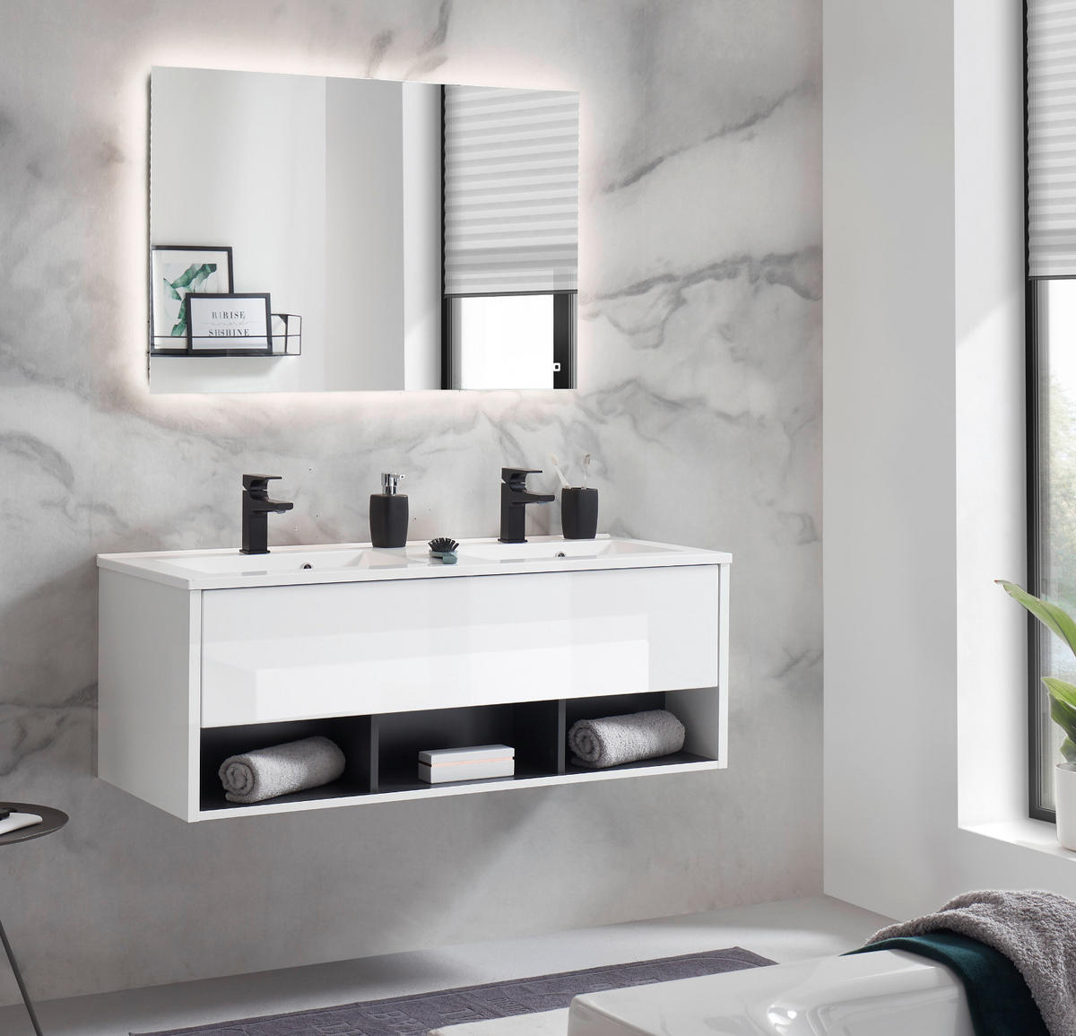 BADMÖBEL Set in weiß Hochglanz und grau mit Doppelwaschbecken und LED Beleuchtung 120 x 190 cm Glide - Weiß Hochglanz/Grau, Glas/Holzwerkstoff (120/190/47cm) - Furn.Design