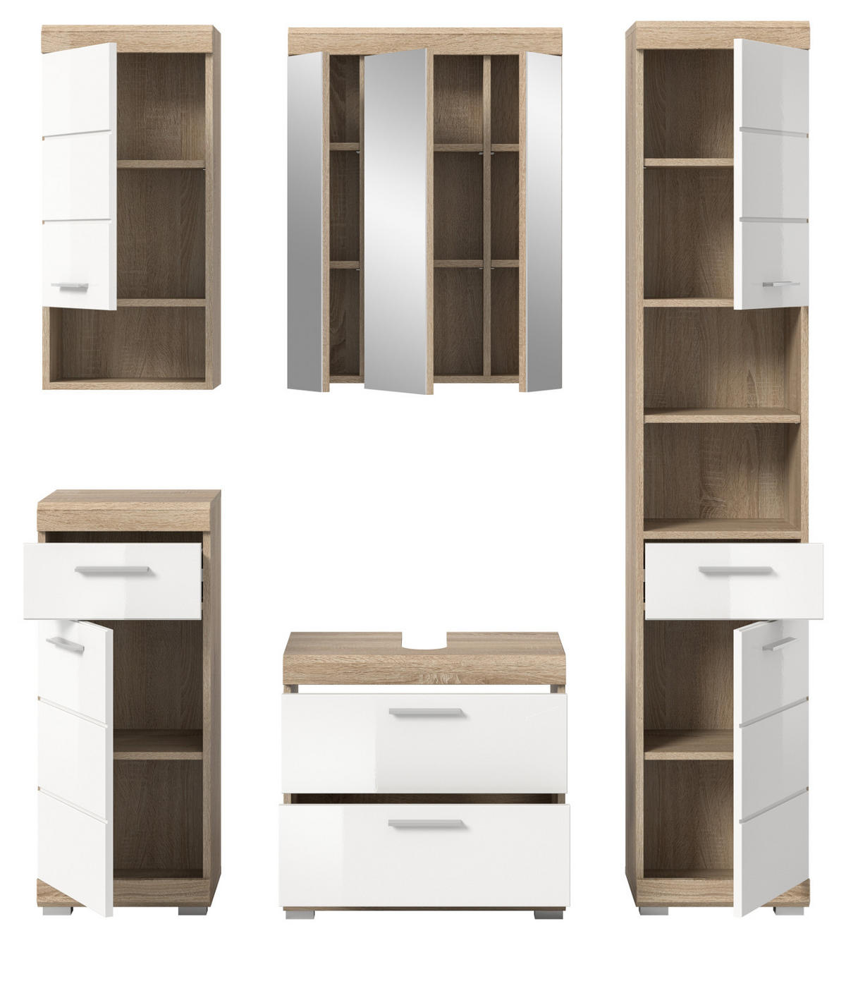 BADMÖBEL-SETWEISS Hochglanz, Eiche 5-teilig 164 cm, Komplettset mit viel Stauraum - Weiß Hochglanz/Eichefarben, Holzwerkstoff (164/191/37cm) - Inn.Furn