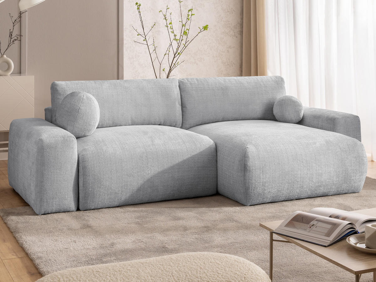 ECKSOFA Puffy mit Schlaffunktion und Bettkasten - besonders weich und puffig aus Hellgrau Chenille-Stoff - Ottomane rechts - Hellgrau/Schwarz, Holz/Kunststoff (266/138cm) - S-Style Möbel