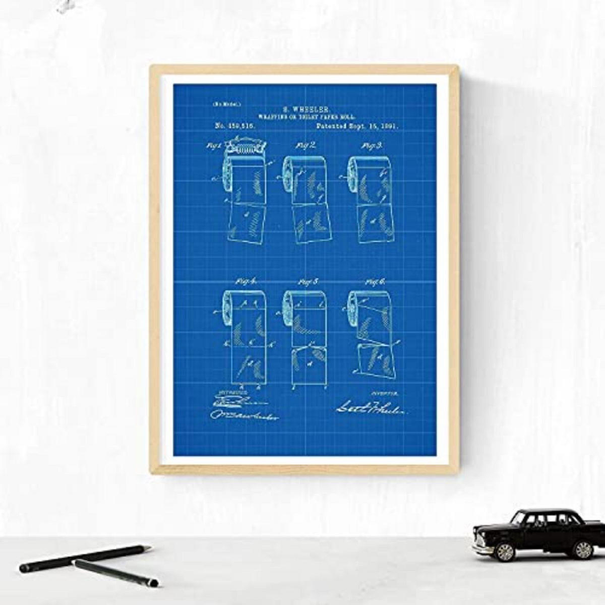 POSTER Set mit 4 BLAU Badezimmer Patent A3 Schwarzer Rahmen - Schwarz, Papier (29.7/3cm) - Nacnic