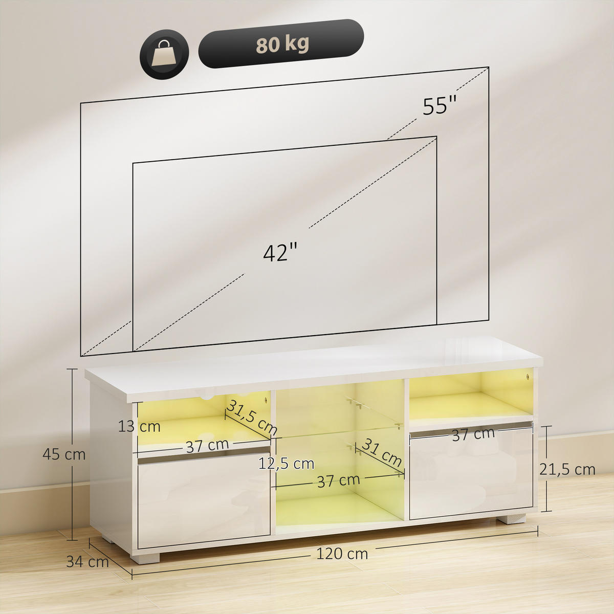 TV-LOWBOARD Weiß Hochglanz 120/34/45 cm, LED-Beleuchtung, Glasböden - Weiß Hochglanz, Holzwerkstoff (120/45/34cm) - PANGIVO