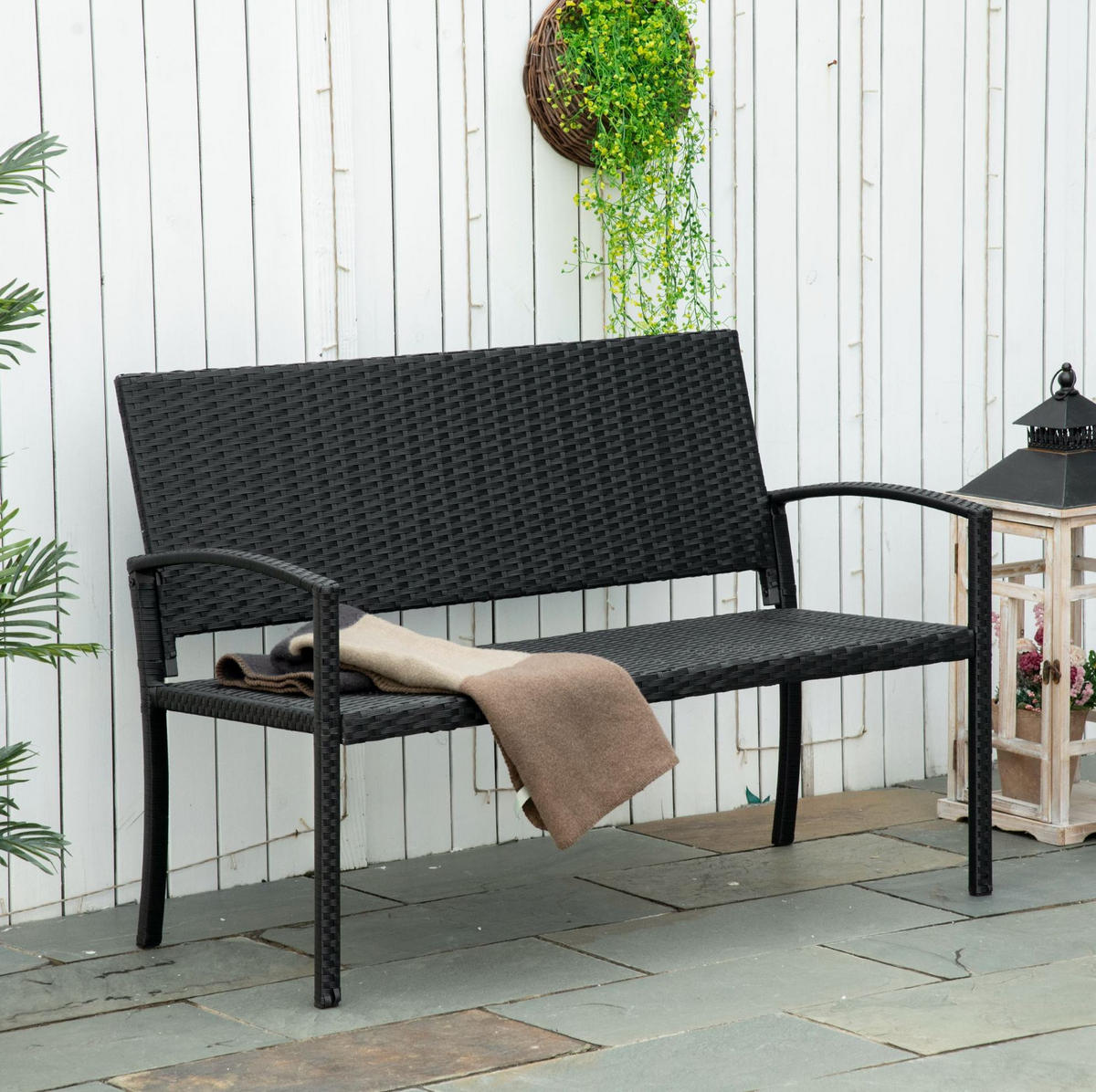 ZAHRADNÍ lavice 122/60/87 cm černá z oceli a polyratanu pro 2 osoby - černá, kov (60/85/122cm) - OKWISH