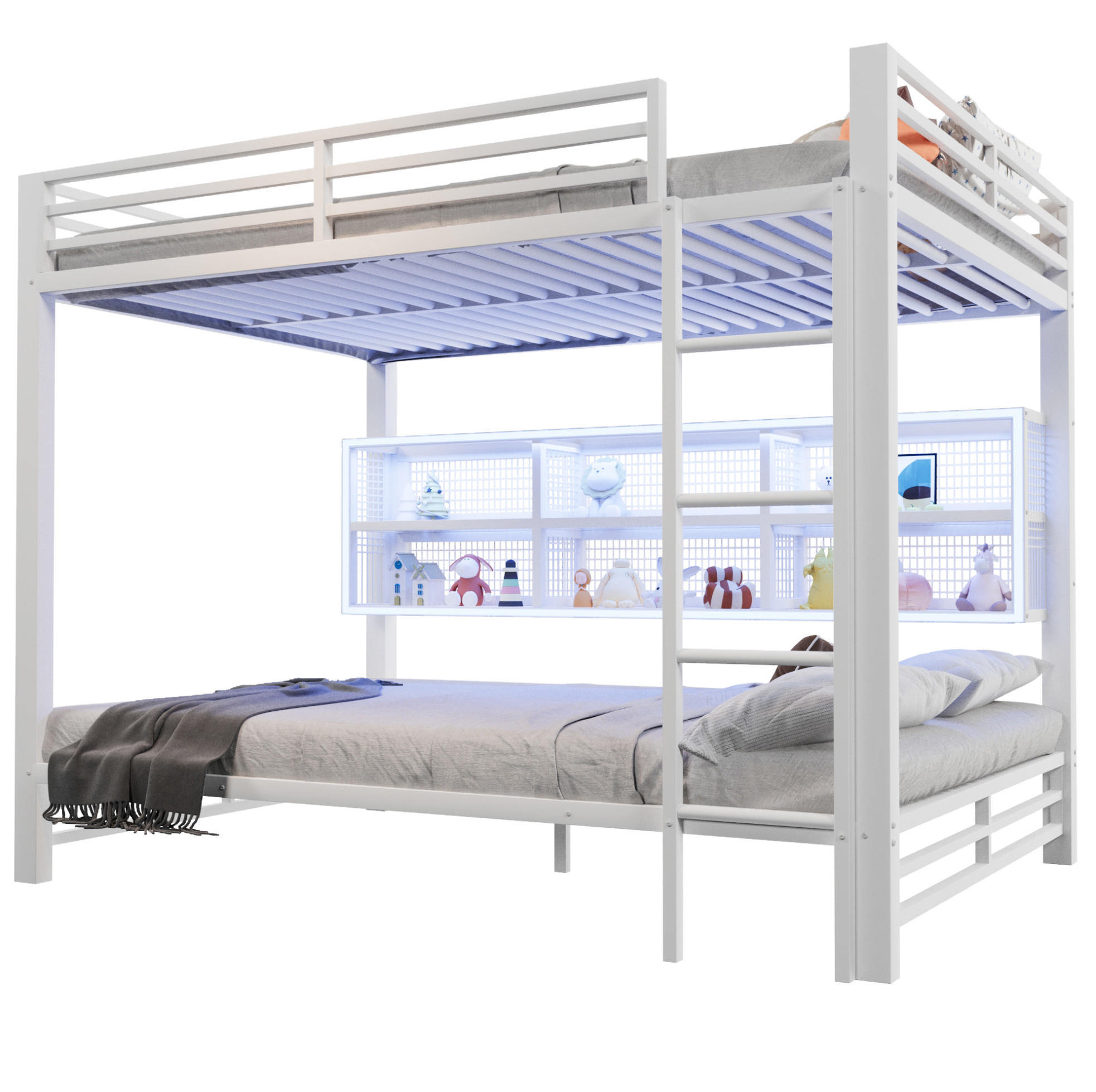 ETAGENBETT 140/200 cm in Weiß aus Metall mit 6 Stauraumschränken und LED - Weiß, Metall (140/200cm) - Flora Grace