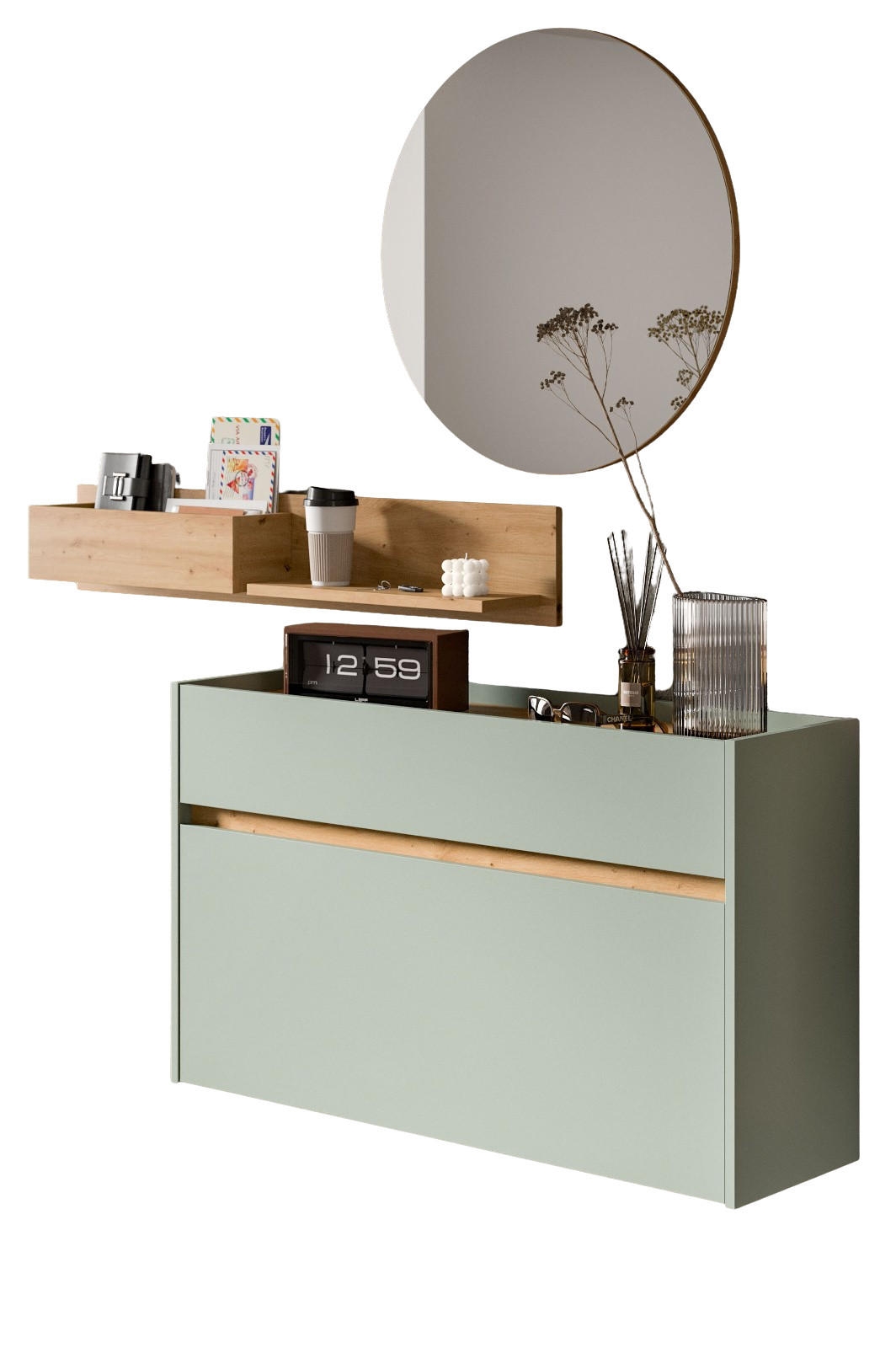 GARDEROBEN-SET Salbei grün, Artisan Eiche 140 cm 3-teilig, Garderobenschränke hängend - Salbeigrün/Eiche Artisan, Glas/Holzwerkstoff (140/197/32cm) - Inn.Furn