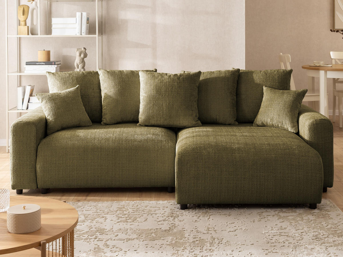 ECKSOFA Calma mit Schlaffunktion und Bettkasten im Bumpy-Design aus weichem Grün Chenille-Stoff - Ottomane rechts - Beige/Schwarz, Holz/Kunststoff (239/140cm) - S-Style Möbel