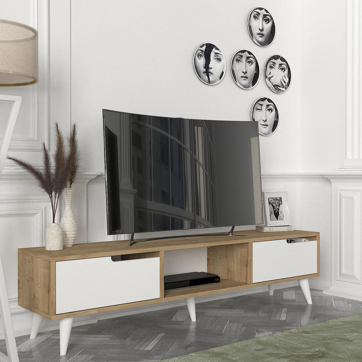 FERNSEHSCHRANK Kullila - Eichefarben/Weiß, Holzwerkstoff (35/40/160cm) - [en.casa]