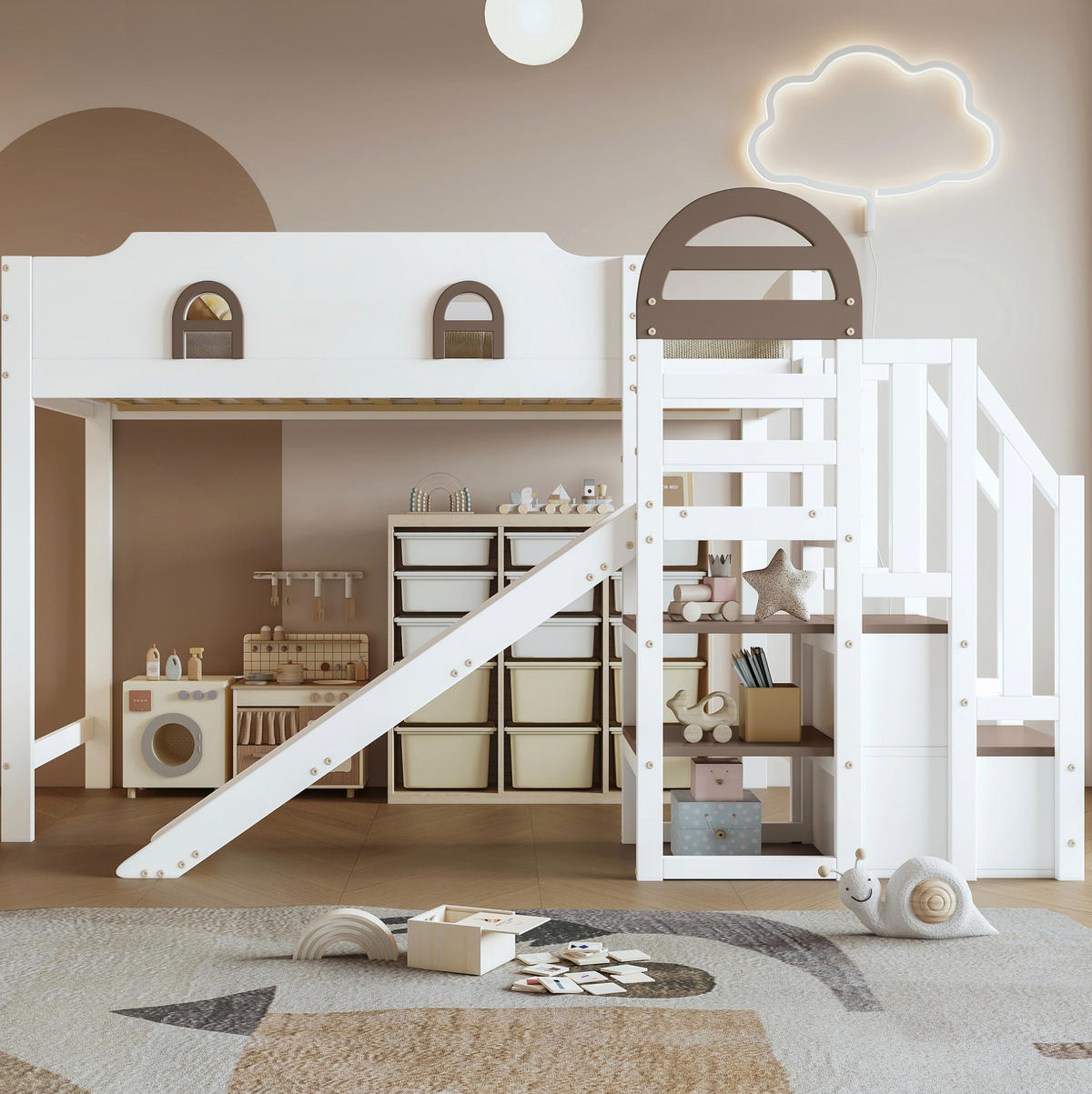 ETAGENBETT mit Fenstern, Rutsche und Stauraumtreppe, Weiß, 90/200 cm - Weiß, Holz (90/200cm) - MIVRAY