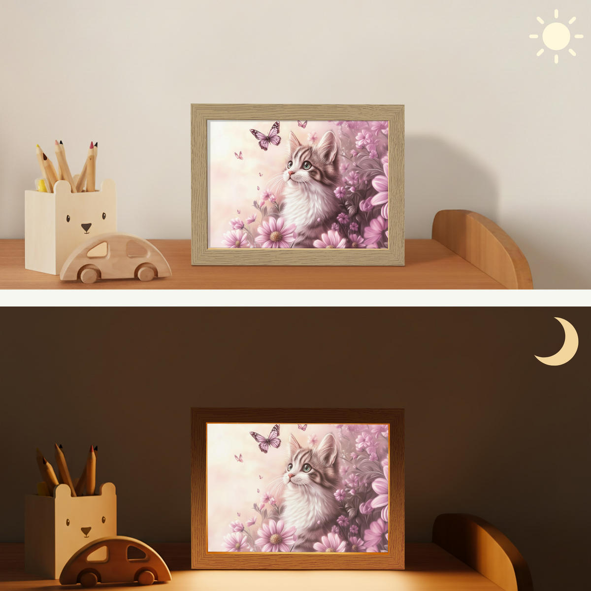 NACHTTISCHLAMPE Kätzchen - Blumen - Schmetterlinge - Lila 20x15 cm - Altrosa, Holzwerkstoff (8/20/15cm)