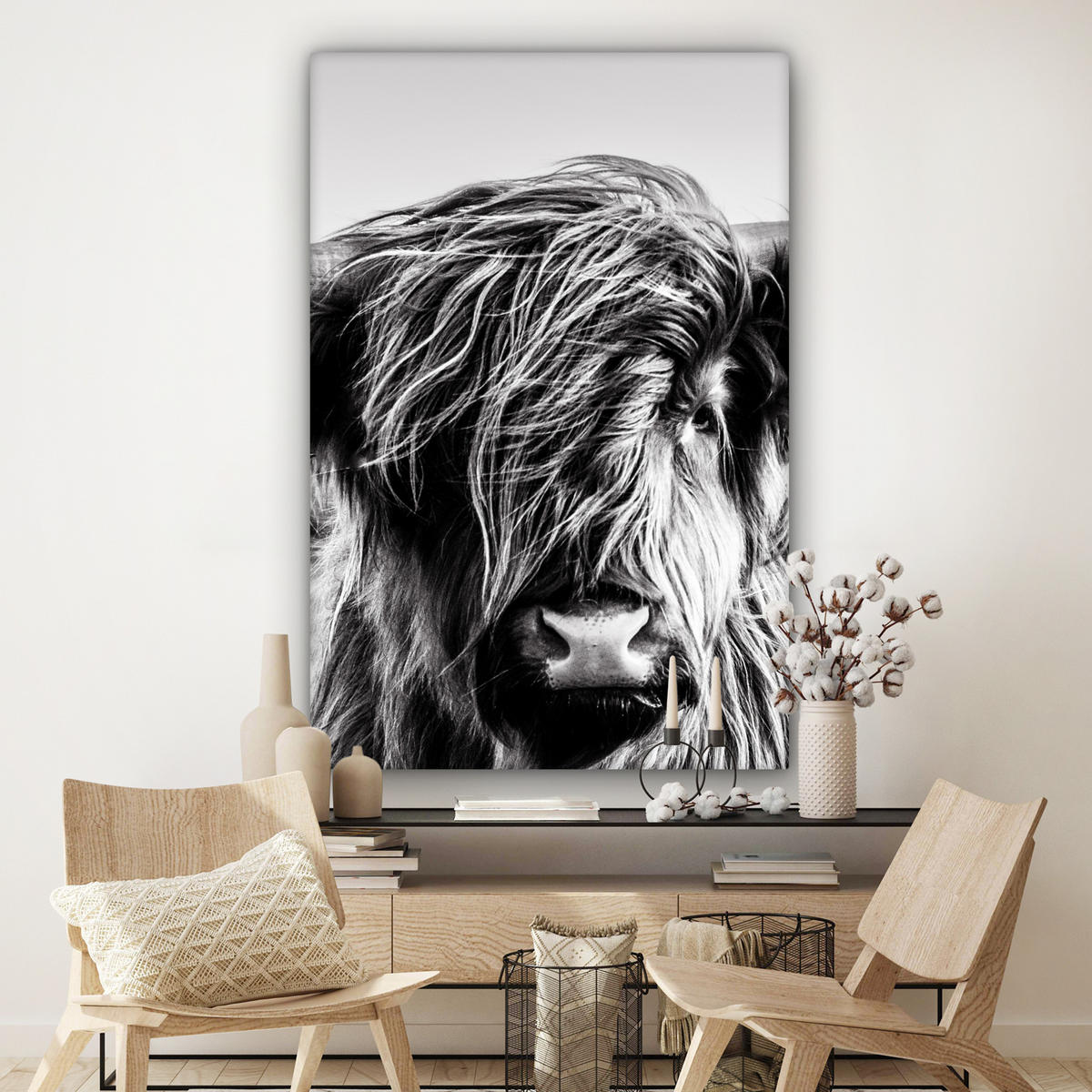 OBRAZ NA PLÁTNĚ Kráva - Skotský horal - Černá - Bílá - Zvíře - Příroda - Divoká zvěř 90x140 cm - černá, textil (90/140cm) - MuchoWow