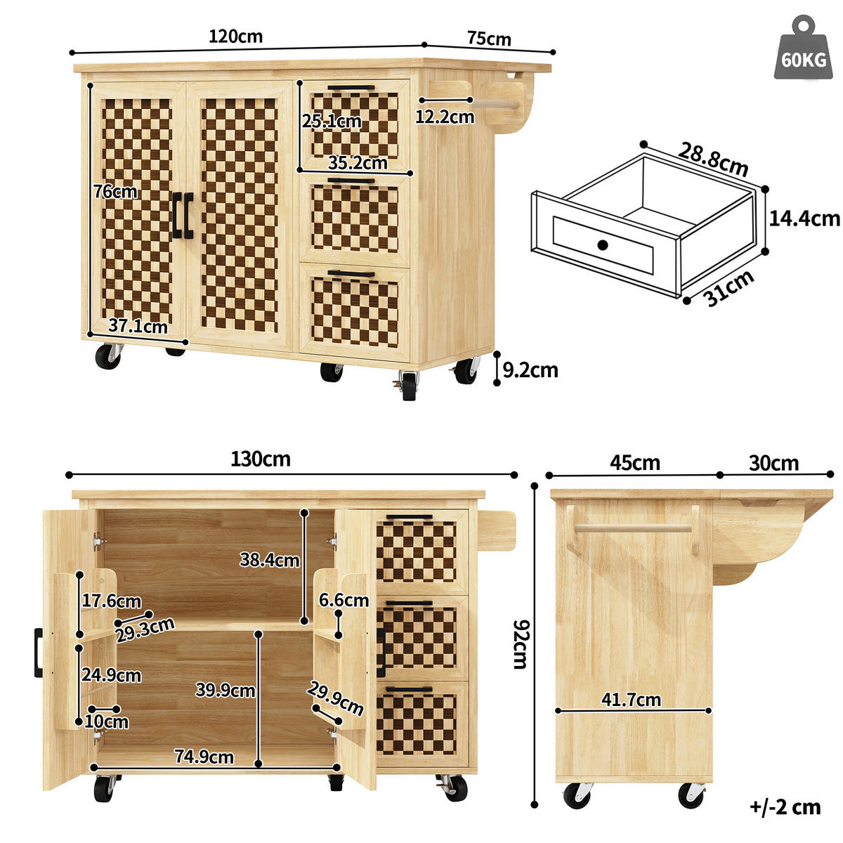 KÜCHENINSEL 120x45x92cm Natur mit Klapptisch & 3 Schubladen - Naturfarben, Holzwerkstoff (120/92/45cm) - Modfu