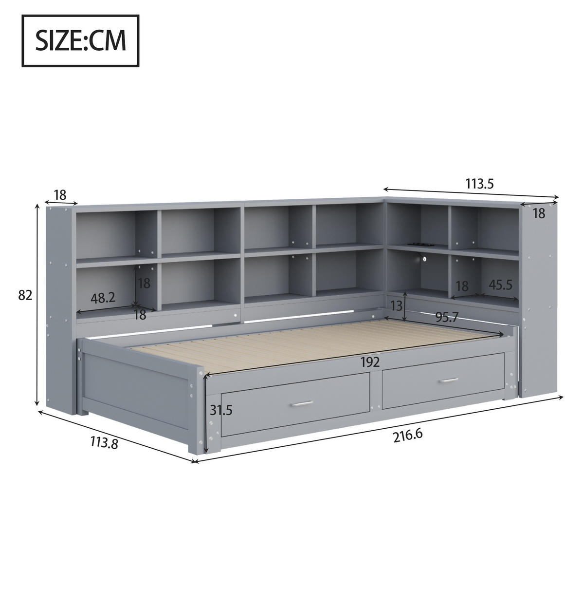 BETT 90/180/190 cm grau aus Holz mit Stauraum - Grau, Holzwerkstoff (90/190cm) - OKMYHOME