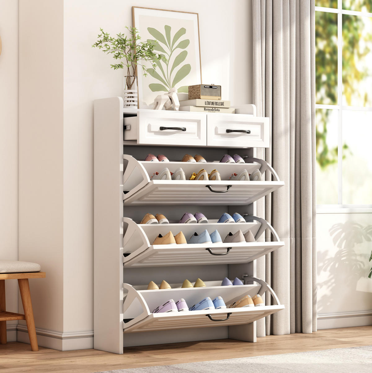 SCHUHSCHRANK mit Schubladen und Türen, weiß matt / Eichen-Optik, moderner Stauraum für Wohnzimmer, 131/23,5/80 cm - Weiß, Holzwerkstoff (131/23.5/80cm) - Redom