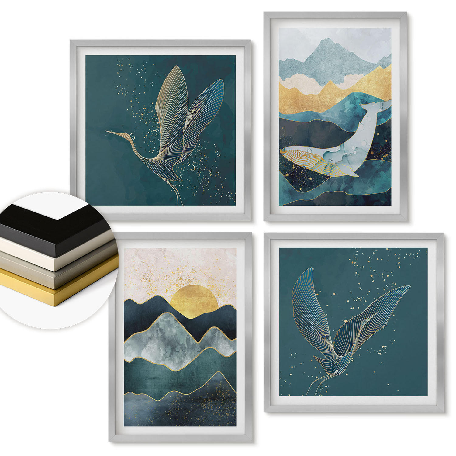 WANDBILDER 4er Set - 50x50 cm & 40x60 cm Silberner Rahmen - Abstrakte Kranichberge - Silberfarben, Kunststoff (50/50cm) - ArtPrintCave