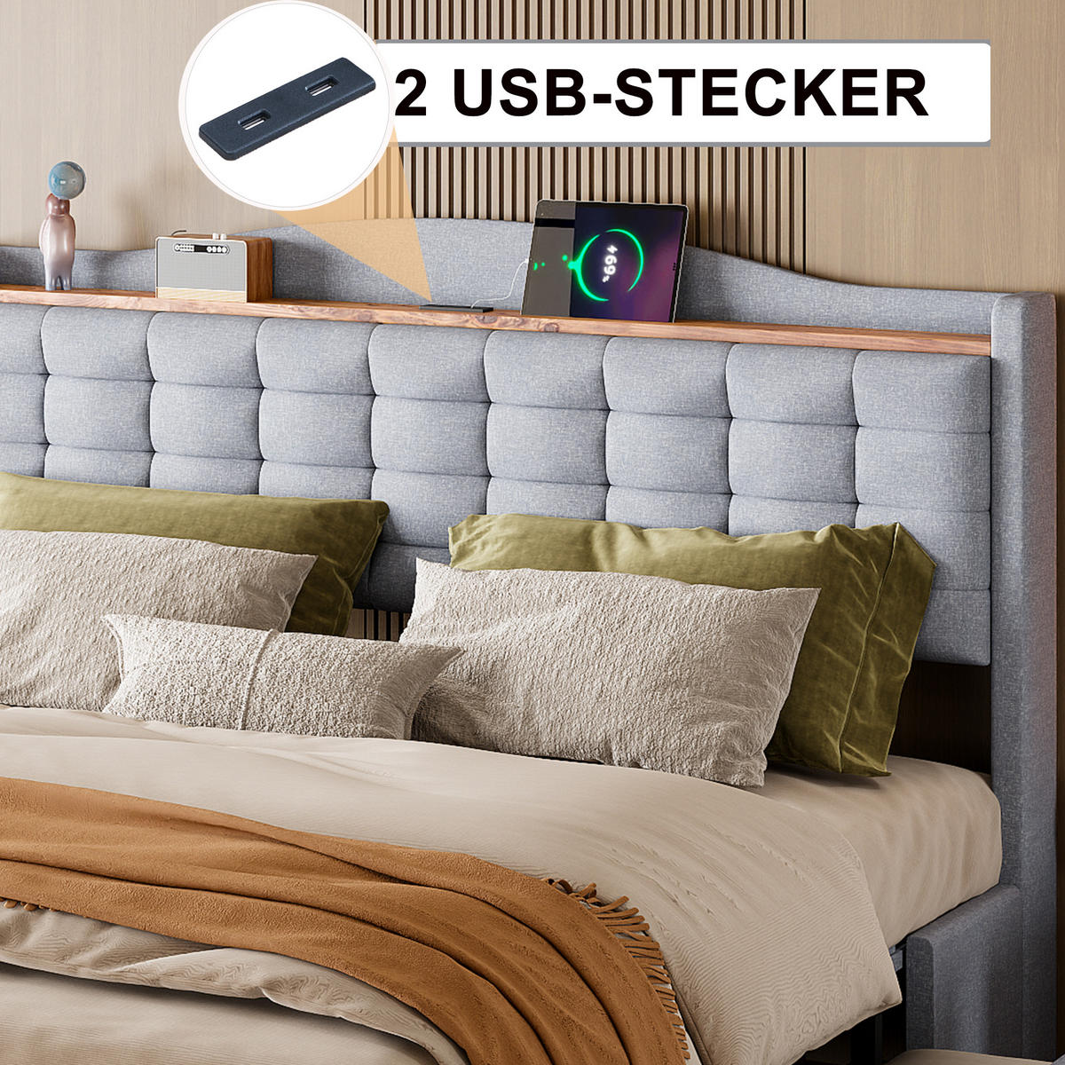 BETT grau 200/166/110 cm - Grau, Textil/Metall (160/200cm) - Urban Meuble