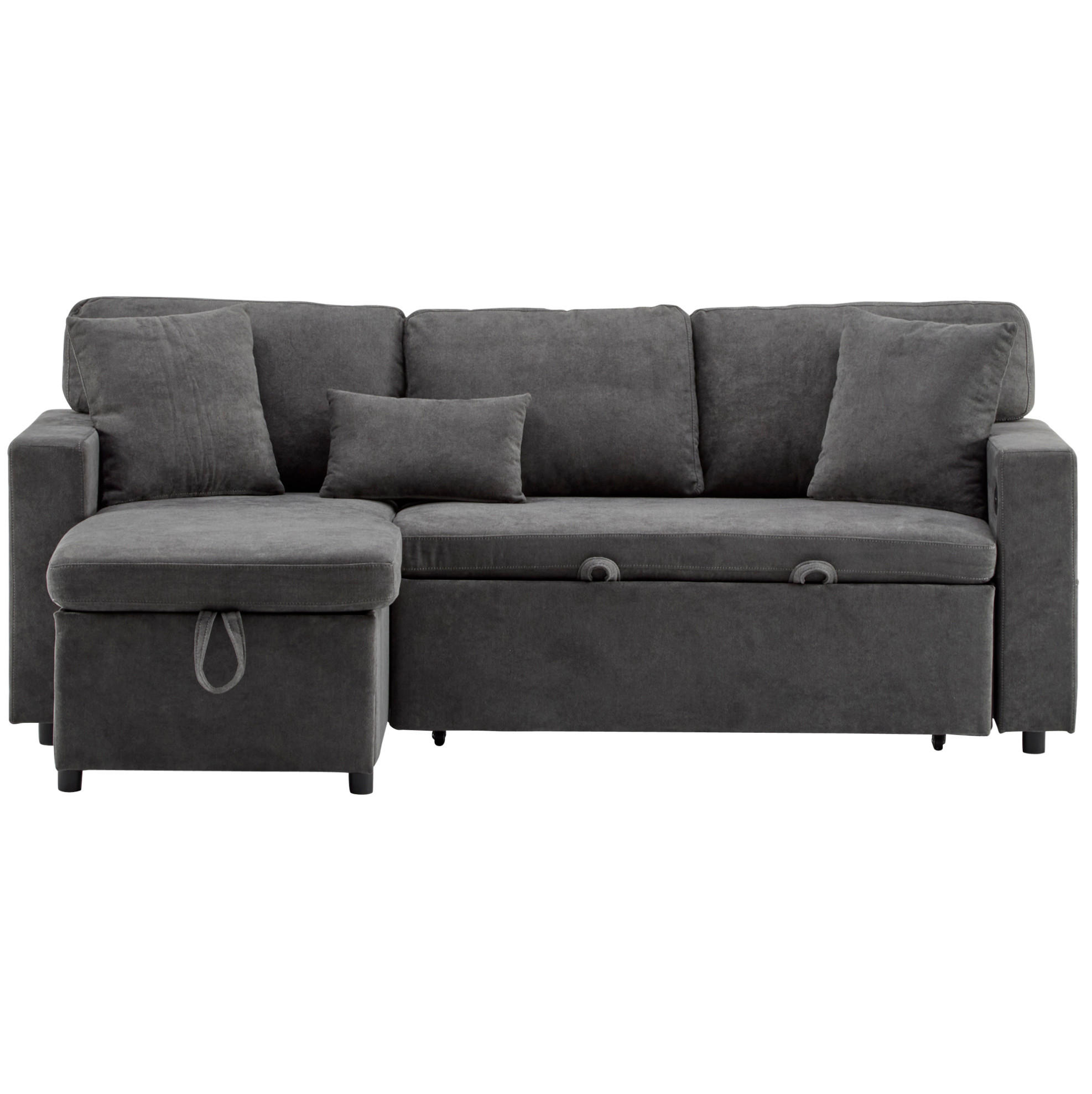 ECKSOFA mit Schlaffunktion und integriertem USB-Anschluss Dunkelgrau Oxford-Stoff 214/131/87 cm - Dunkelgrau, Textil (215/131cm) - OKWISH