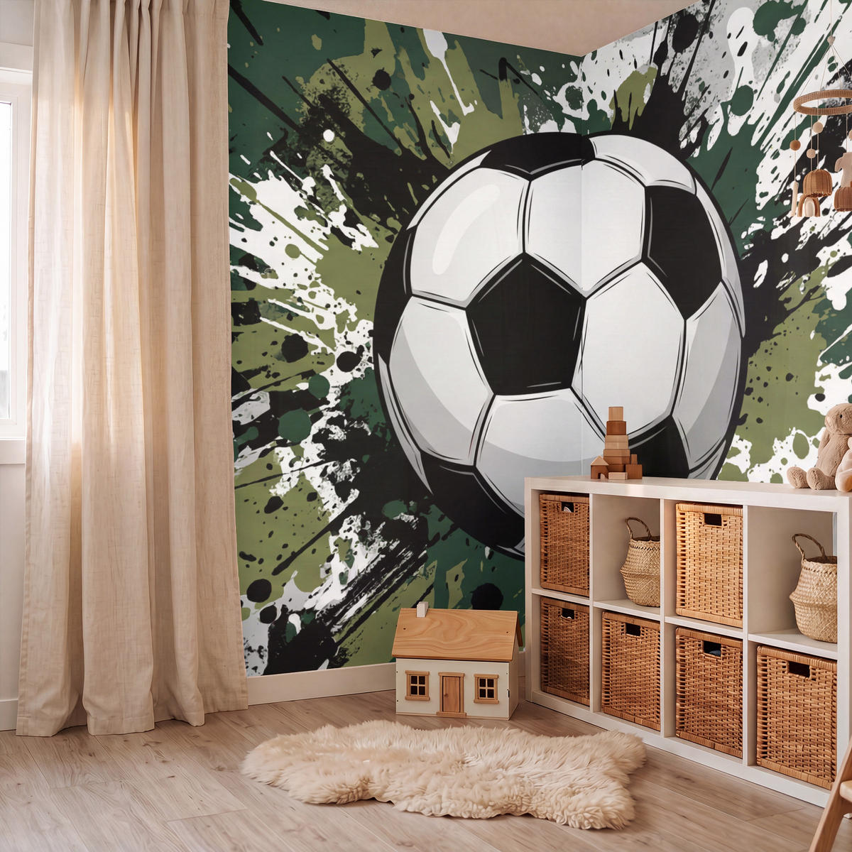 KINDERTAPETE - Fußball - Farbe - Spritzer - Grün - 280x240 cm - Dunkelgrün, Papier (280/240cm) - OnlyWow