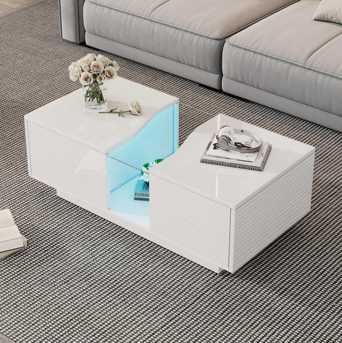 COUCHTISCH 100/50/35 cm in Weiß Hochglanz mit LED-Beleuchtung und 2 Schubladen - Weiß, Holzwerkstoff (100/50/35cm) - Flora Grace