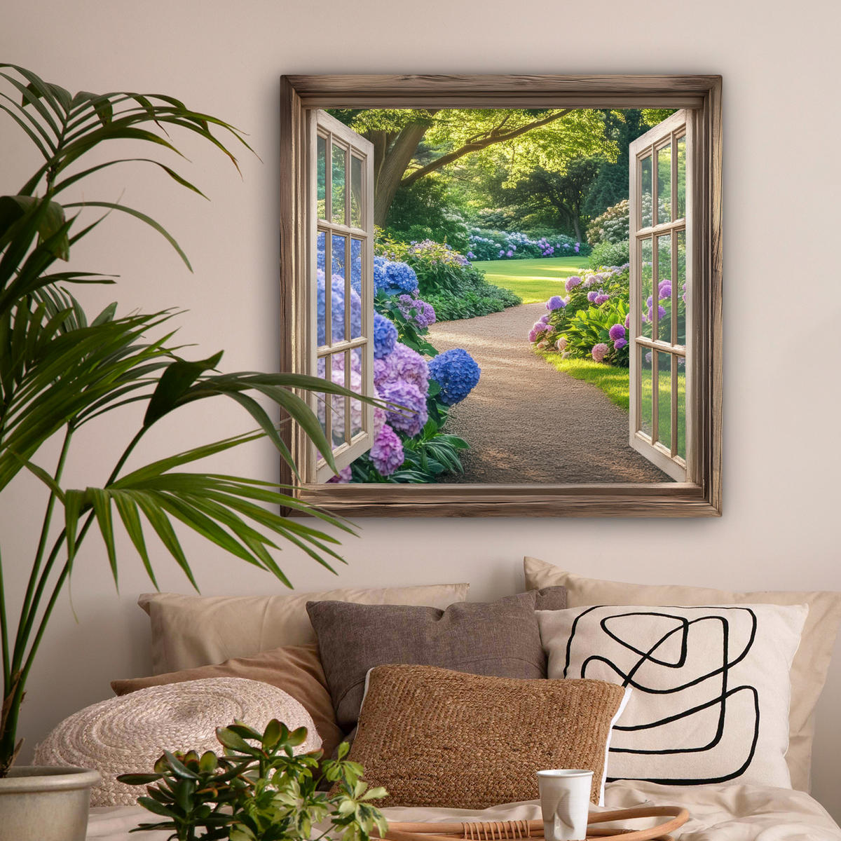 LEINWANDBILD Aussicht - Garten - Fenster - Hortensie - Blumen 90x90 cm - Pastellblau, Textil (90/90cm) - MuchoWow