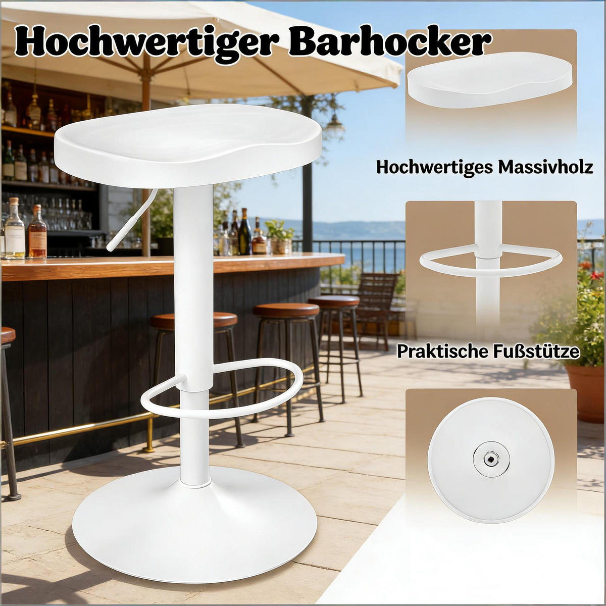 BARHOCKER 1er-Set Weiß Drehbar & Höhenverstellbar aus Massivholz - Weiß, Holz (41.5/81/31.5cm) - PANGIVO