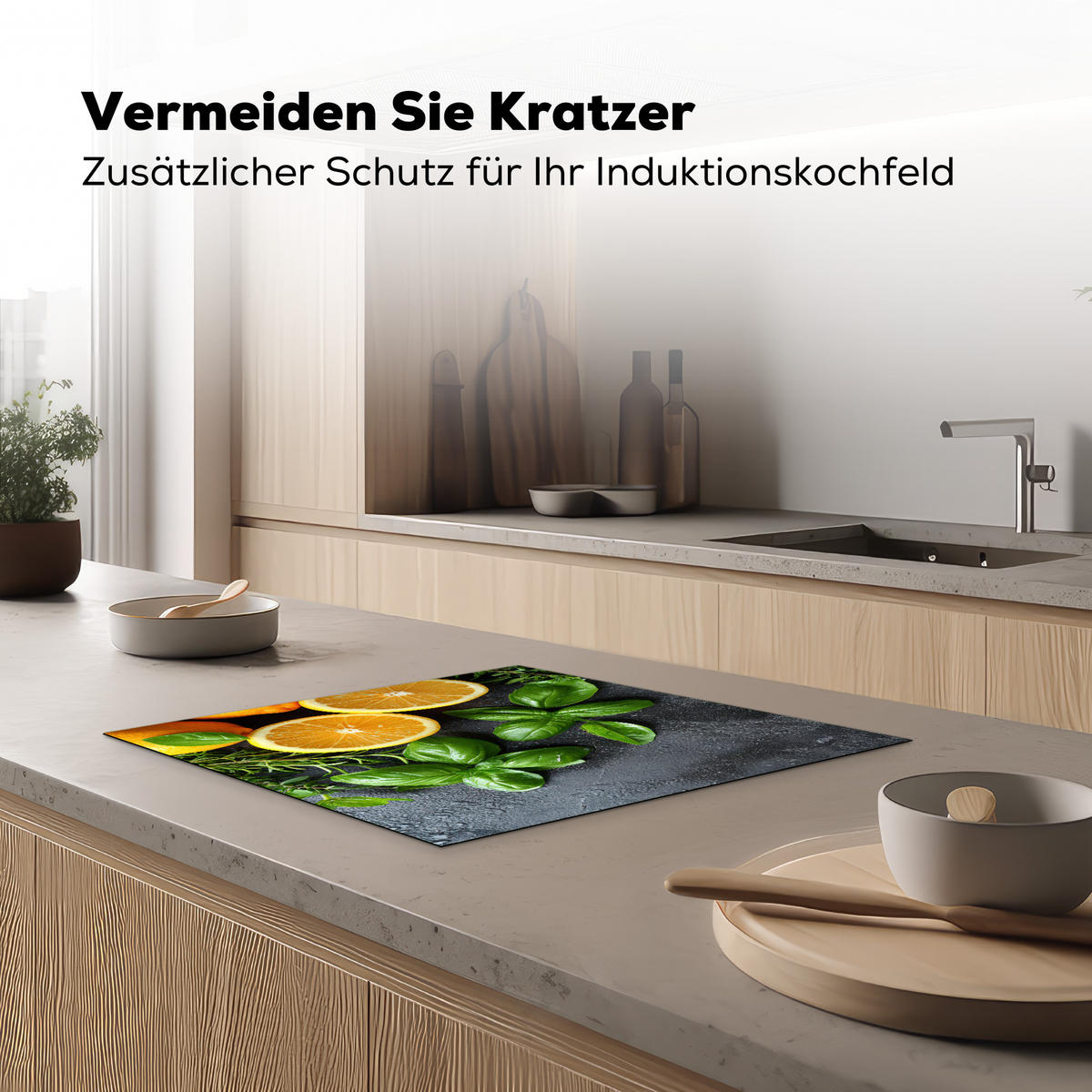 HERDABDECKPLATTE Obst - Grau - Konkret - Orange - Pflanzen Ceranfeldabdeckung 59x52 cm - Anthrazit, Kunststoff (59/52/0.2cm) - MuchoWow