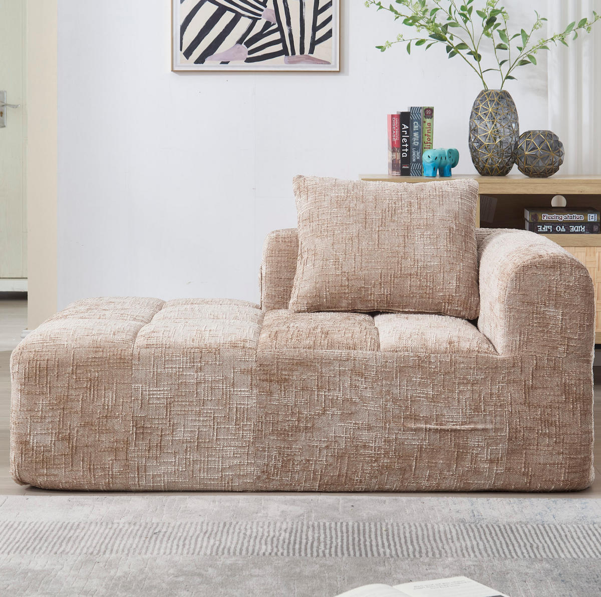 CHAISELONGUE Sofa Chenille mit Seitentaschen und Kissen 158/90/60 cm Sandfarben - Sandfarben, Textil (60/158/90cm) - Redom