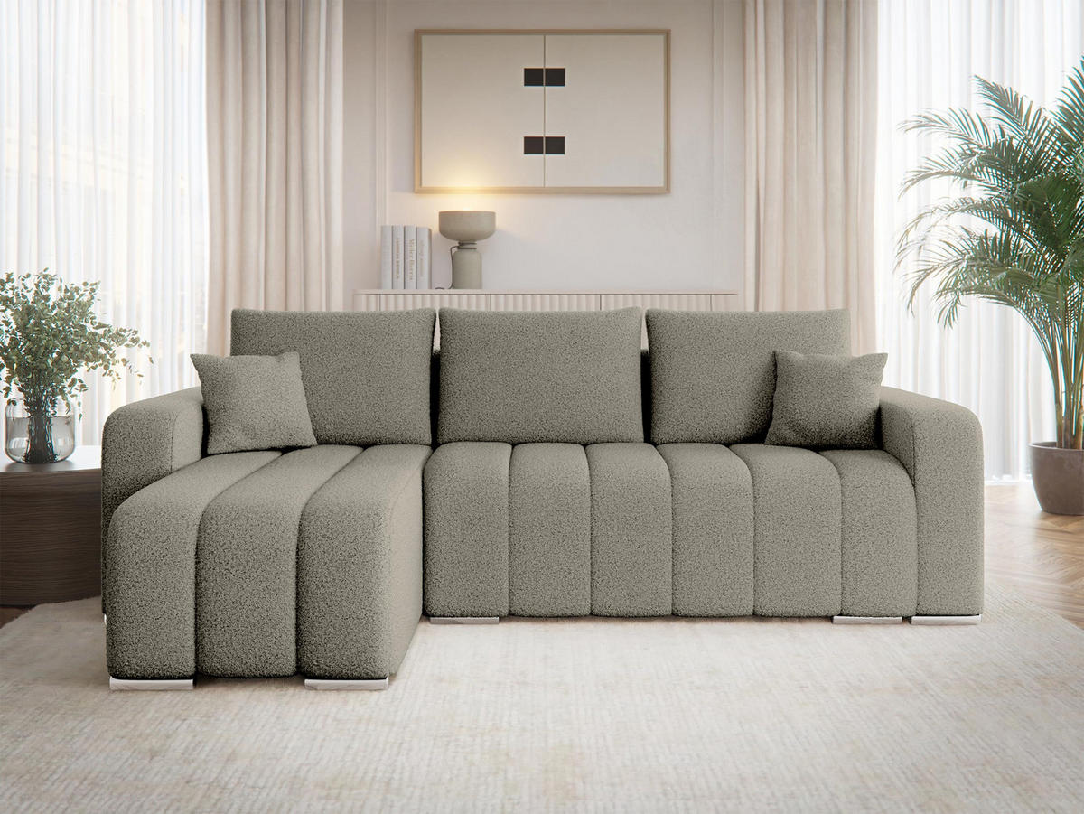 ECKSOFA Pufetto Boucle - Greige/Silberfarben, Holz/Textil (244/147cm) - MIRJAN24