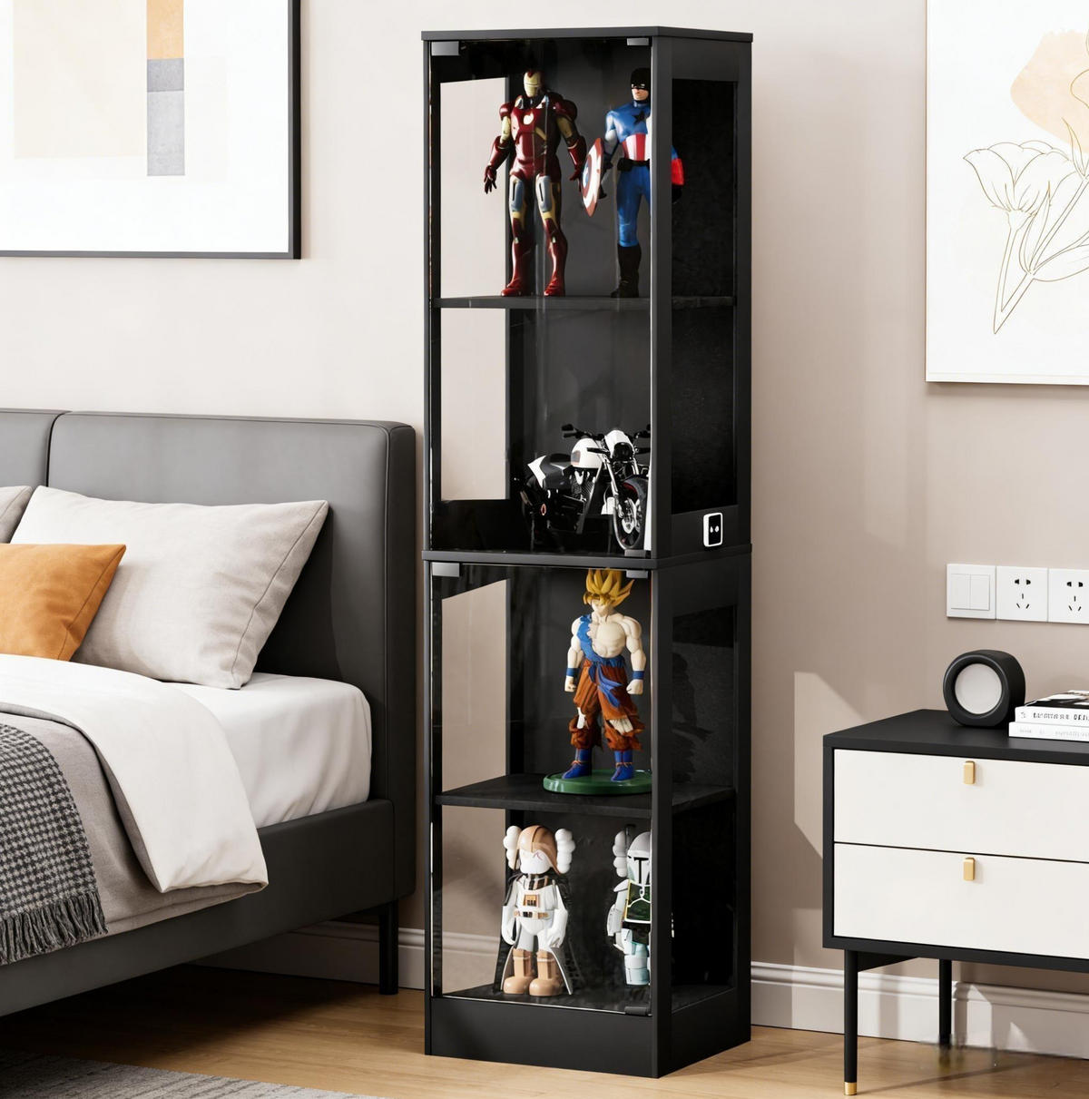 VITRINE aus ABS 40x35x165 cm Akazienholzoptik mit LED-Beleuchtung, Glastüren und Bewegungssensor - Naturfarben, Kunststoff (40/165/35cm) - Modfu