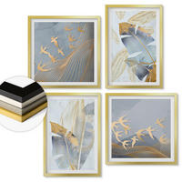 WANDBILDER 4er Set - 50x50 cm & 40x60 cm Goldrahmen - Blaubeige Blätter im Hintergrund - Goldfarben, Kunststoff (50/50cm) - ArtPrintCave