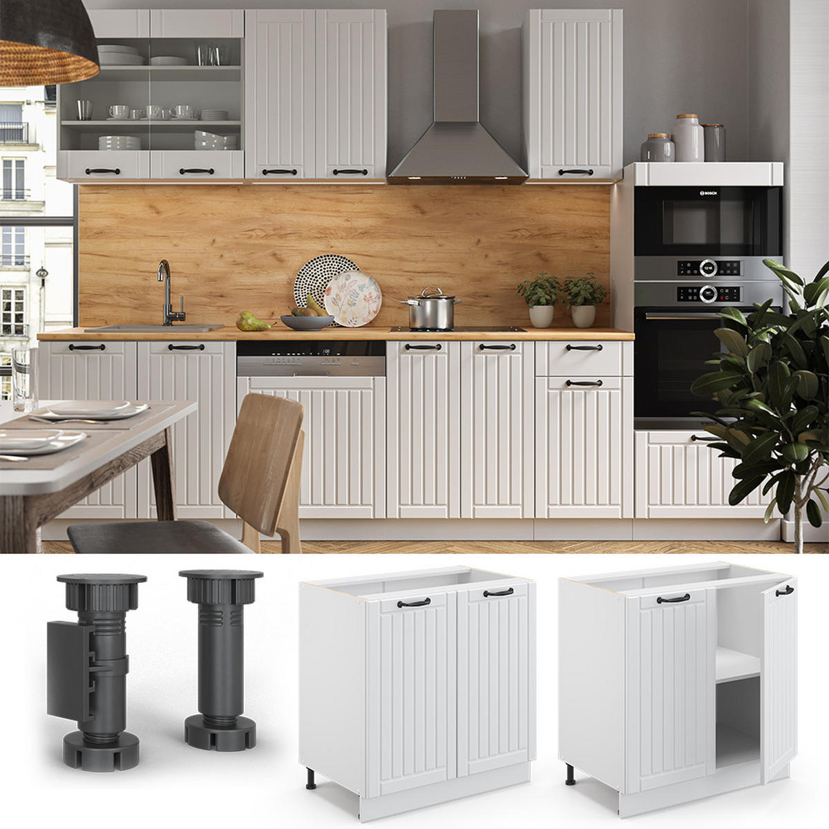 SPÜLENUNTERSCHRANK Fame-Line Weiß Landhaus 80 cm mit Regal, AP Marmor - Creme/Weiß, Holzwerkstoff (80/82/60cm) - Vicco