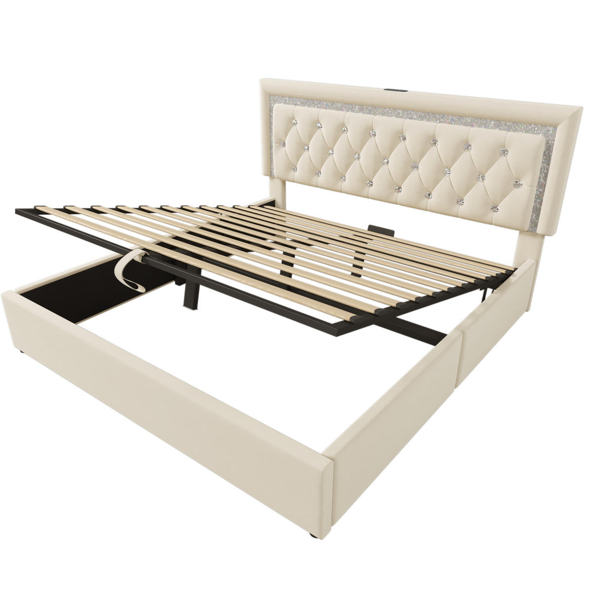 POLSTERBETT 140/200 cm mit LED-Beleuchtung, USB- & Type-C-Anschluss, hydraulischem Stauraum, Samt, Beige - Beige, Textil (140/200cm) - Redom