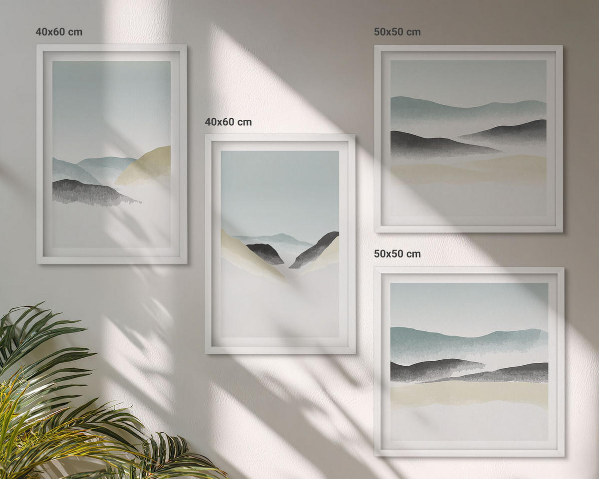 WANDBILDER 4er-Set - 50x50 cm & 40x60 cm Weißer Rahmen - Berge minimalistische Pastellfarben - Weiß, Kunststoff (50/50cm) - ArtPrintCave