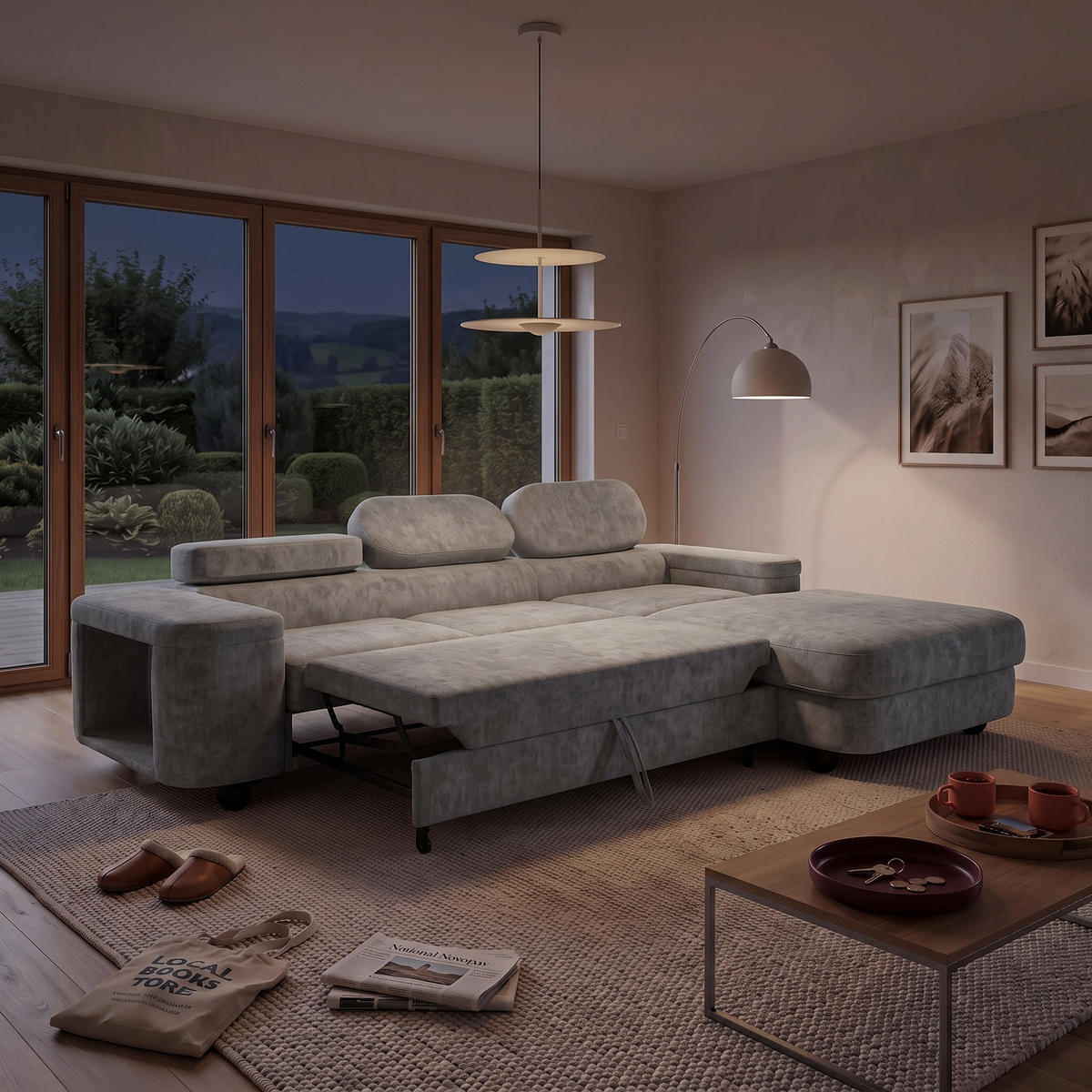 ECKSOFA LOVE L Rechts mit Schlaffunktion 124x210 Chenille Grau - Schwarz/Grau, Holz/Textil (205/284cm) - Muffo