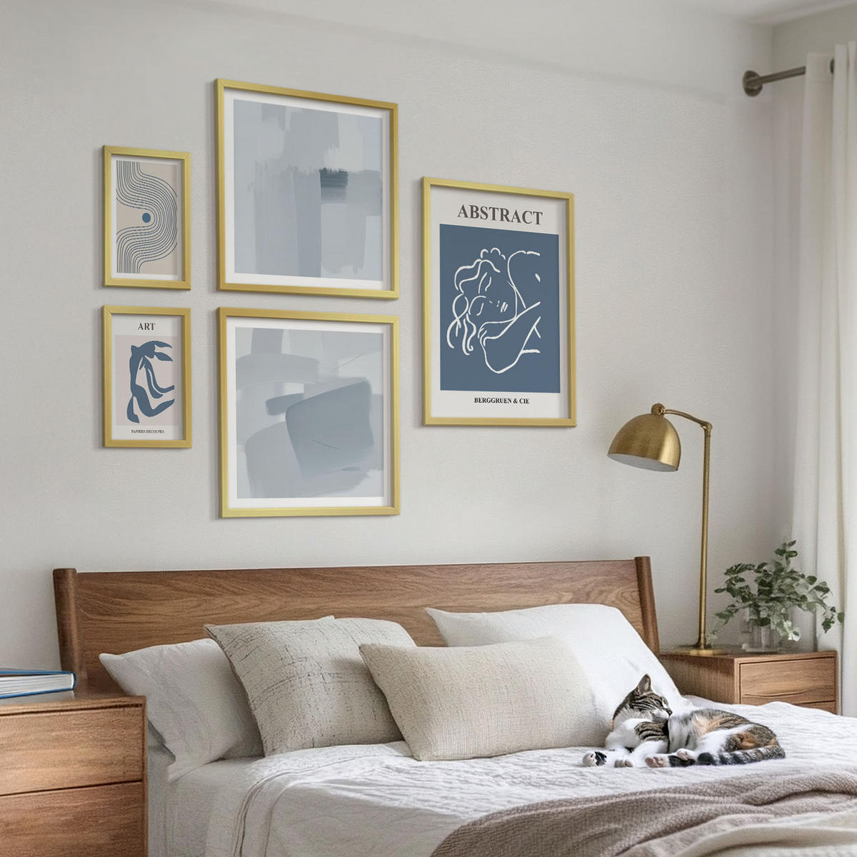 WANDBILDER 5er Set - 50x50 cm & 20x30 cm & 40x60 cm Goldrahmen - Poster mit abstrakten Linien und Wellen - Goldfarben, Kunststoff (40/60cm) - ArtPrintCave