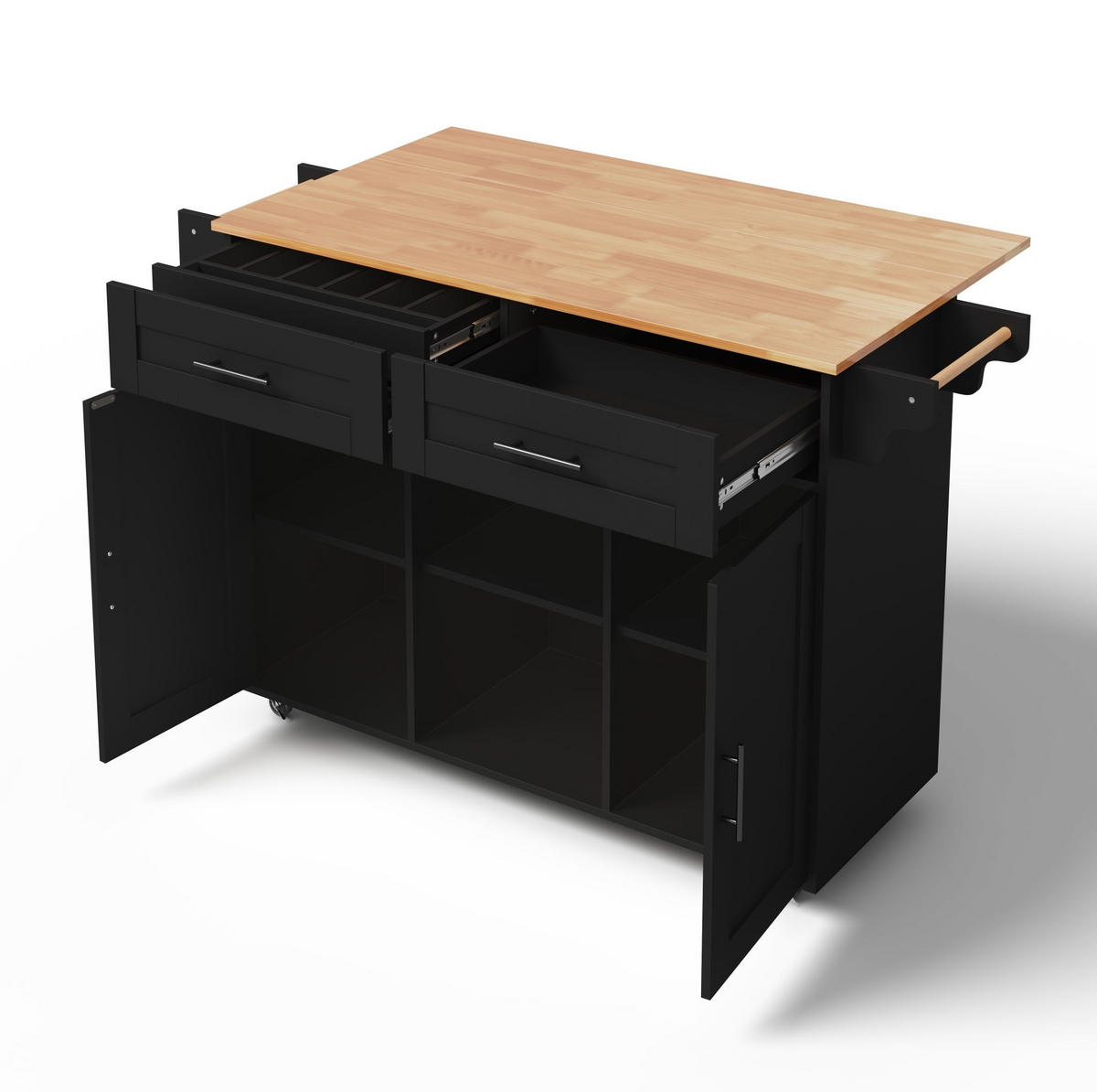 KÜCHENINSEL 145/70/94,5 cm mit ausziehbarer Arbeitsplatte, 2 Schubladen und 5 Rollen, Schwarz - Schwarz, Holzwerkstoff (145/94.5/70cm) - Redom