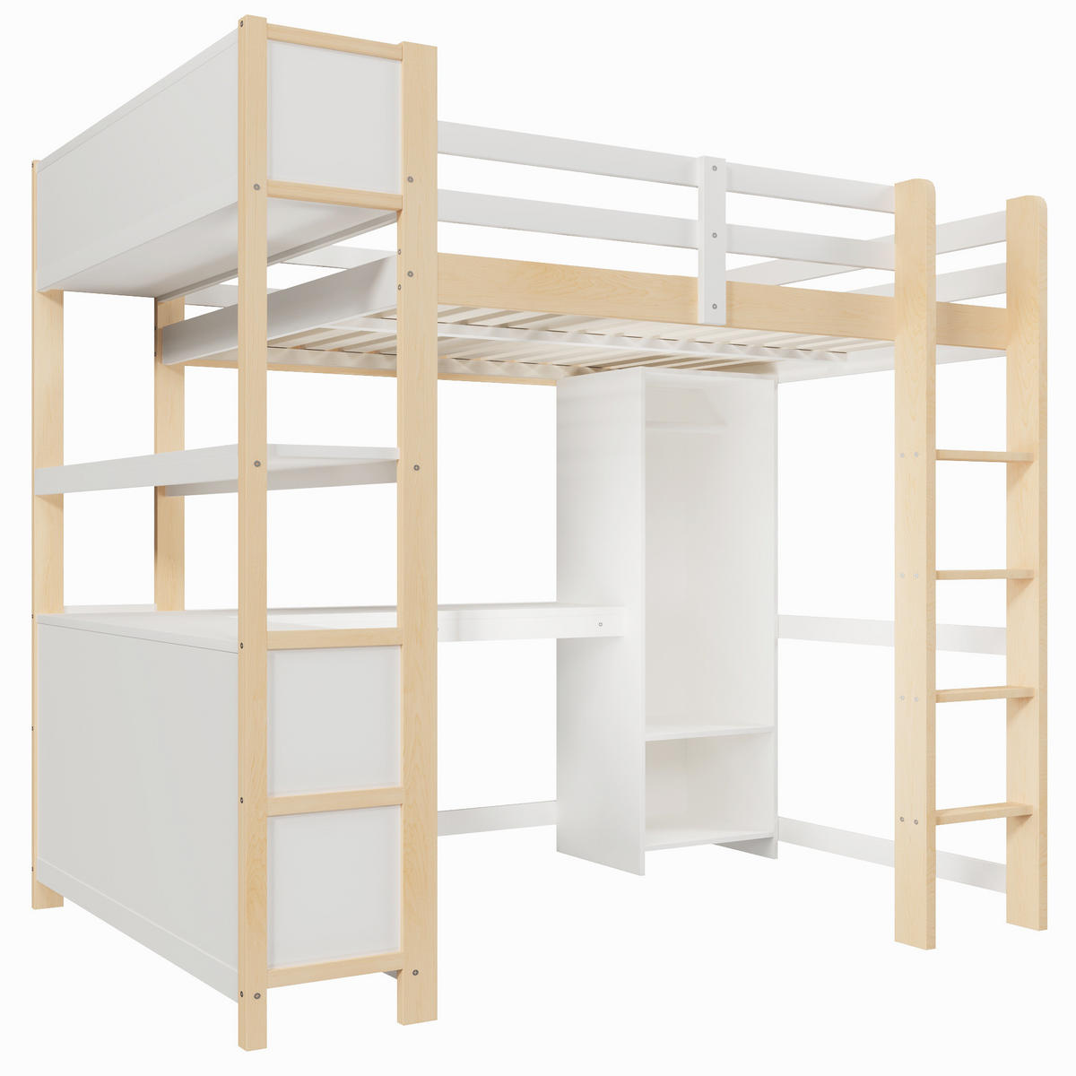 HOCHBETT 140/200 cm aus Kiefernholz mit Schreibtisch, Regalen und Kleiderschrank Natur - Naturfarben, Holz (140/200cm) - Modenvie