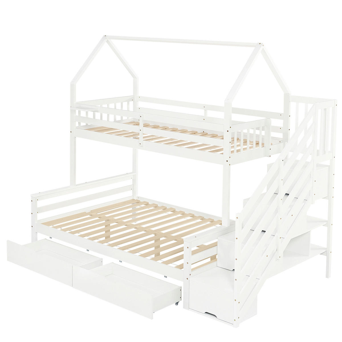 ETAGENBETT 90/140/200 cm DE-02269, in Weiß, mit Dach, Treppenschrank und 2 Schubladen - Weiß, Holz/Holzwerkstoff (140/200cm) - ComfortXL