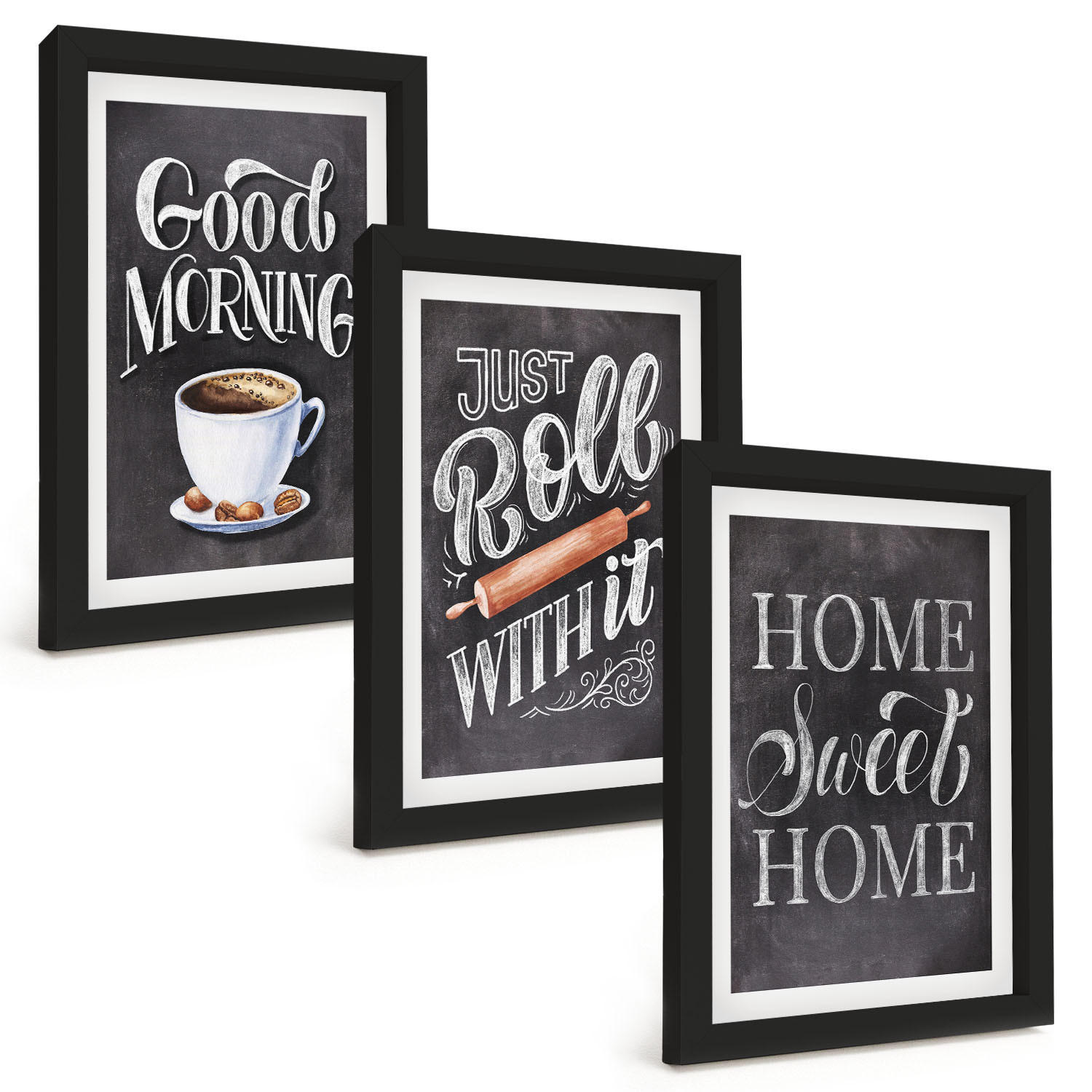 BILDER SET 3er Set - 20x30 cm Schwarzer Rahmen - Motive und Inschriften für die Küche - Schwarz, Kunststoff (20/30cm) - TULUP