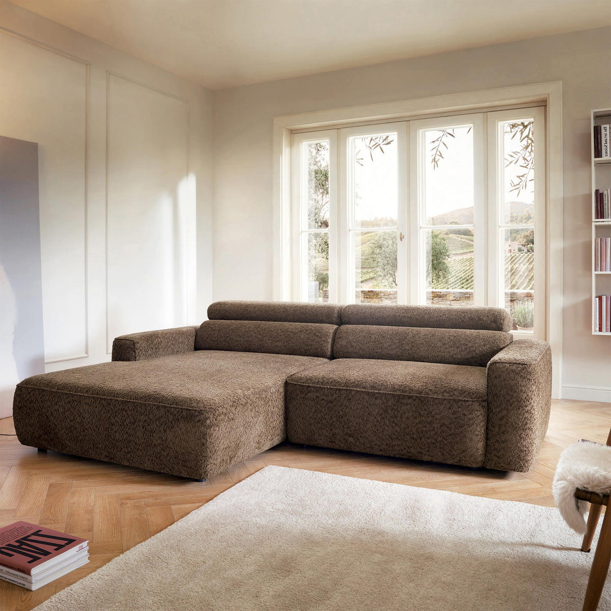 ROHOVÁ pohovka Fando s elektricky výsuvným sedákem, světle hnědý ženil, levá - černá/světle hnědá, textil/plast (252/182cm) - Selsey