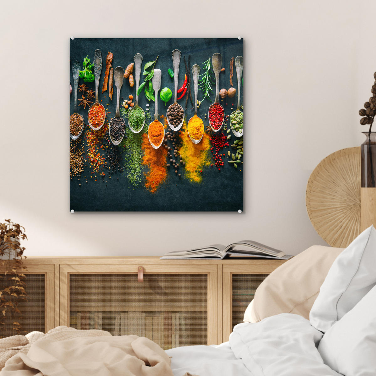 OBRAZ NA AKRYLOVOM SKLE Bylinky - korenie - lyžičky 50x50 cm - kari žltá, sklo (50/50cm) - MuchoWow