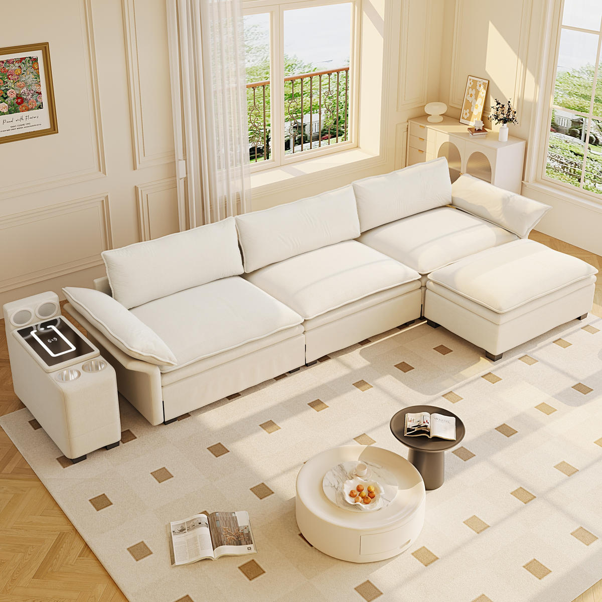ECKSOFA 315/70/85 cm Beige mit Fußhocker, kabelloses Laden, Lautsprecher, Licht und 2 Getränkehalter - Beige, Textil (315/70cm) - Oxeza