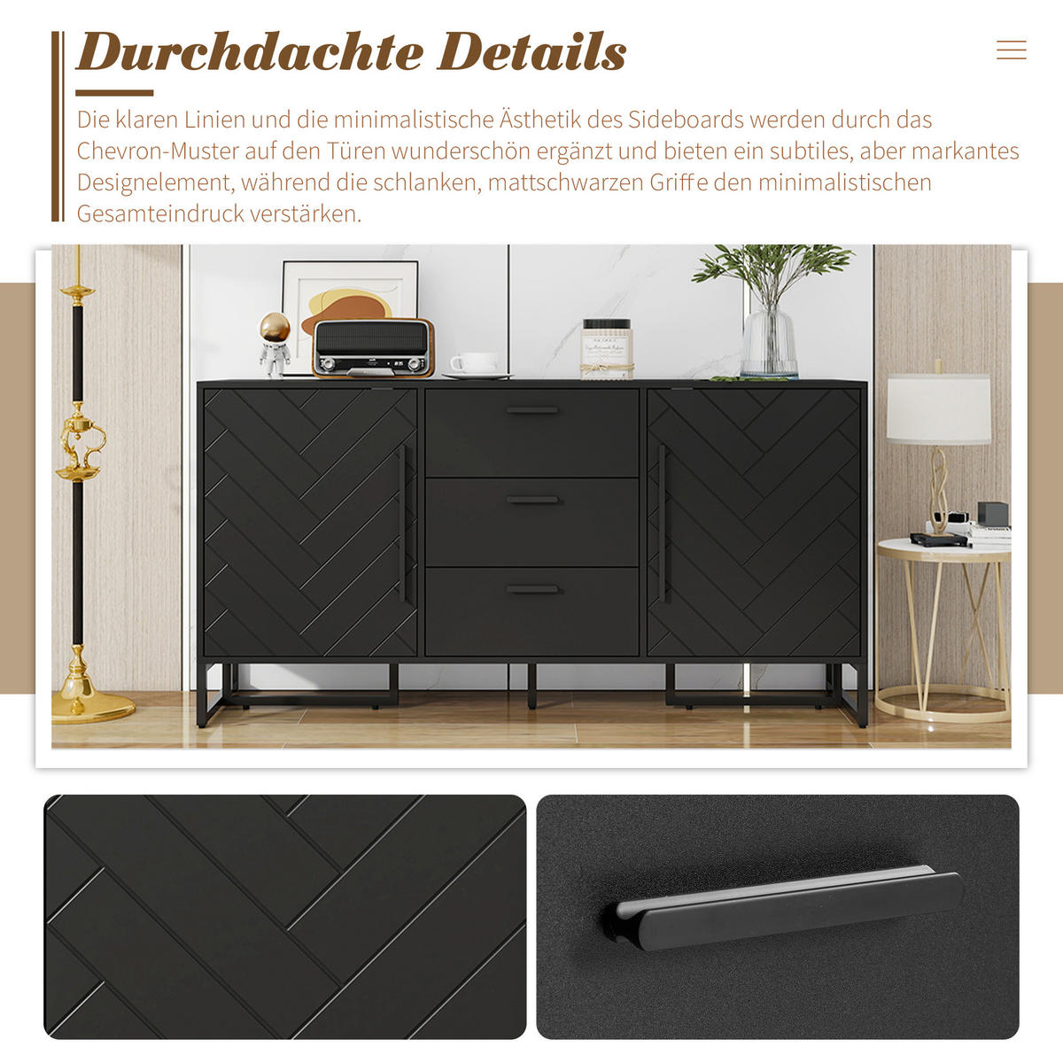 SIDEBOARD in Schwarz mit 2 Türen & 3 Schubladen - Schwarz, Holzwerkstoff (145/75/40cm) - Urban Meuble