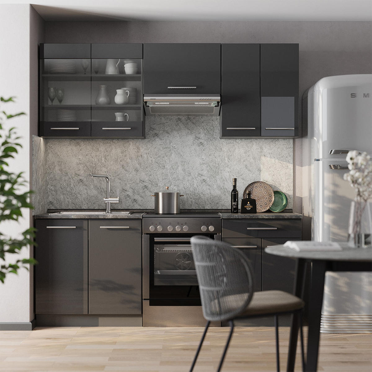 KUCHYŇSKÝ KOUT Fame-Line Antracitový vysoký lesk - antracitová/vysoce lesklá černá, kompozitní dřevo (200/81.6/46cm) - Vicco