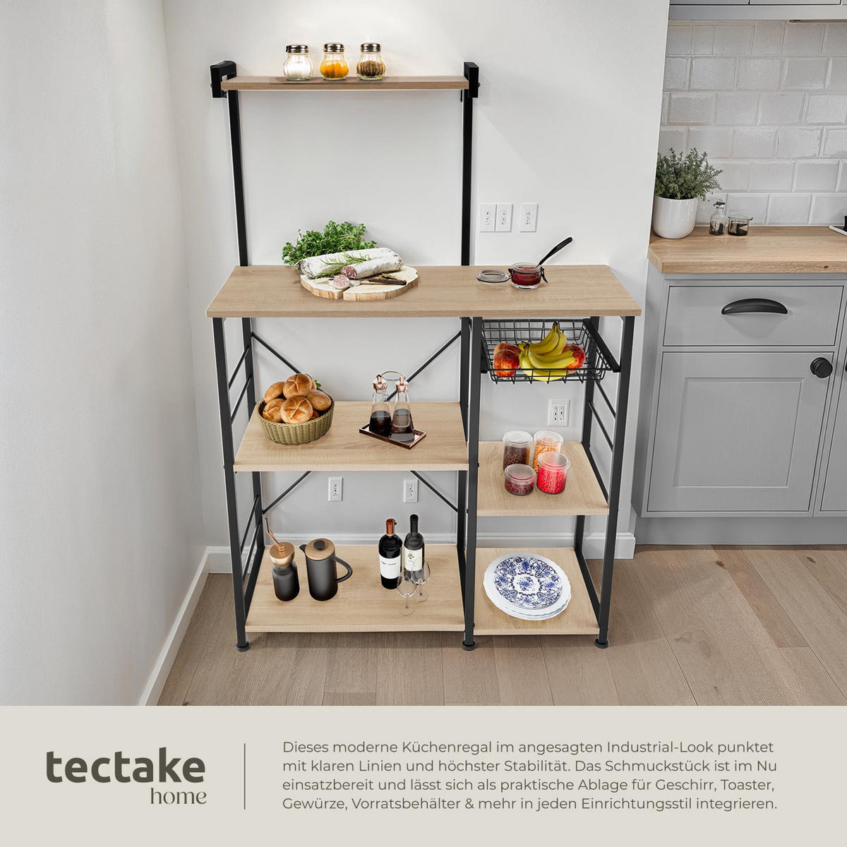 KÜCHENREGAL Crawley, 90 x 40 x 131, 5 cm, Industrial Holz hell, Eiche Sonoma - Naturfarben, Holzwerkstoff (40/131.5/90cm) - tectake