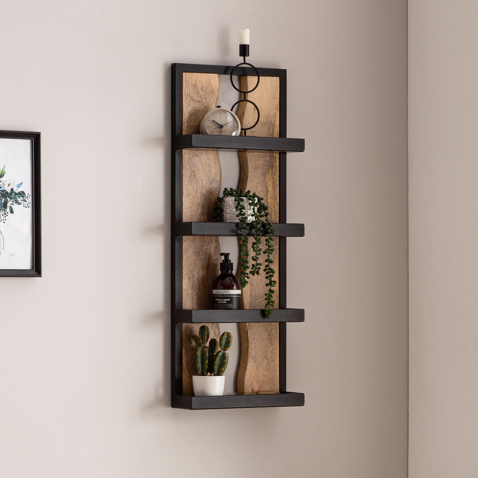 WANDREGAL Mango Massivholz Metall Industrial Stil 30x80x10 cm Rechteckig mit 4 Ablagen und Wellenmuster - Braun, Holz (80/30/10cm) - KADIMA DESIGN