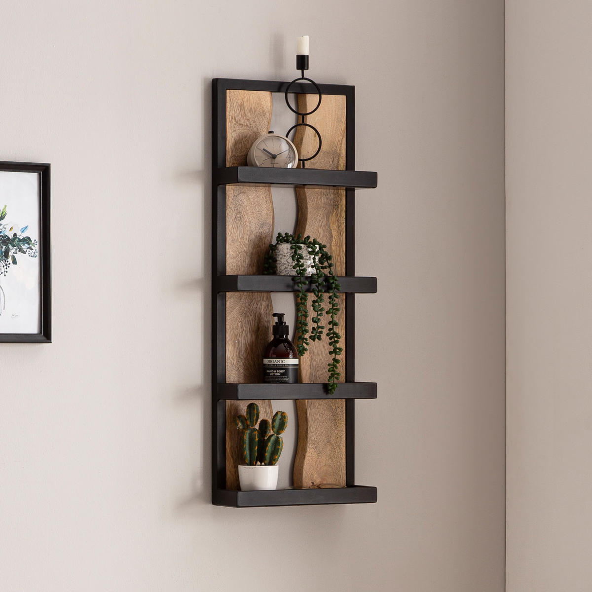 WANDREGAL Mango Massivholz Metall Industrial Stil 30x80x10 cm Rechteckig mit 4 Ablagen und Wellenmuster - Braun, Holz (80/30/10cm) - KADIMA DESIGN