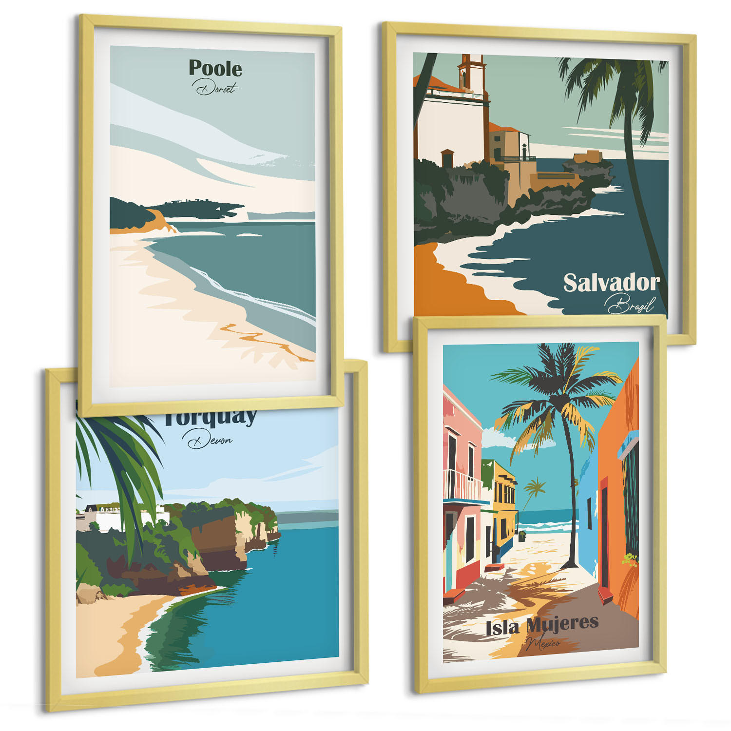 BILDER SET 4er Set - 50x50 cm & 40x60 cm Goldrahmen - Tropische Strände und Palmen - Goldfarben, Kunststoff (50/50cm) - TULUP